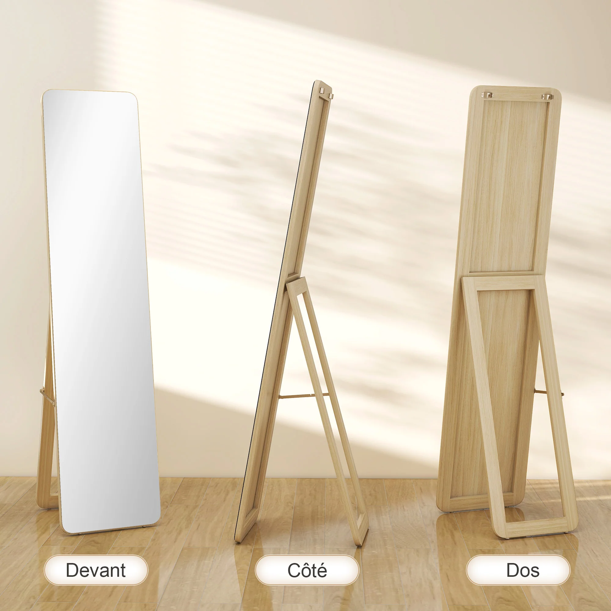 Grand miroir pleine longueur rectangulaire, 37 x 160 cm - miroir sur pied ou mural - pour chambre à coucher, salon et dressing, bois naturel - Image 5