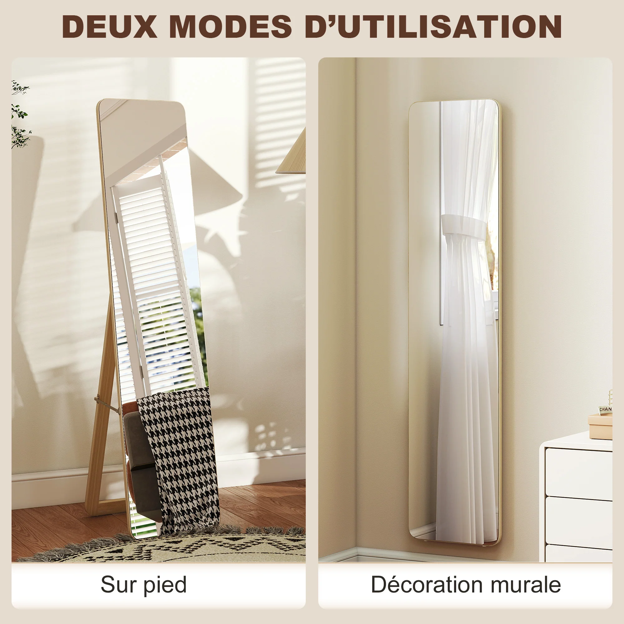 Grand miroir pleine longueur rectangulaire, 37 x 160 cm - miroir sur pied ou mural - pour chambre à coucher, salon et dressing, bois naturel - Image 6