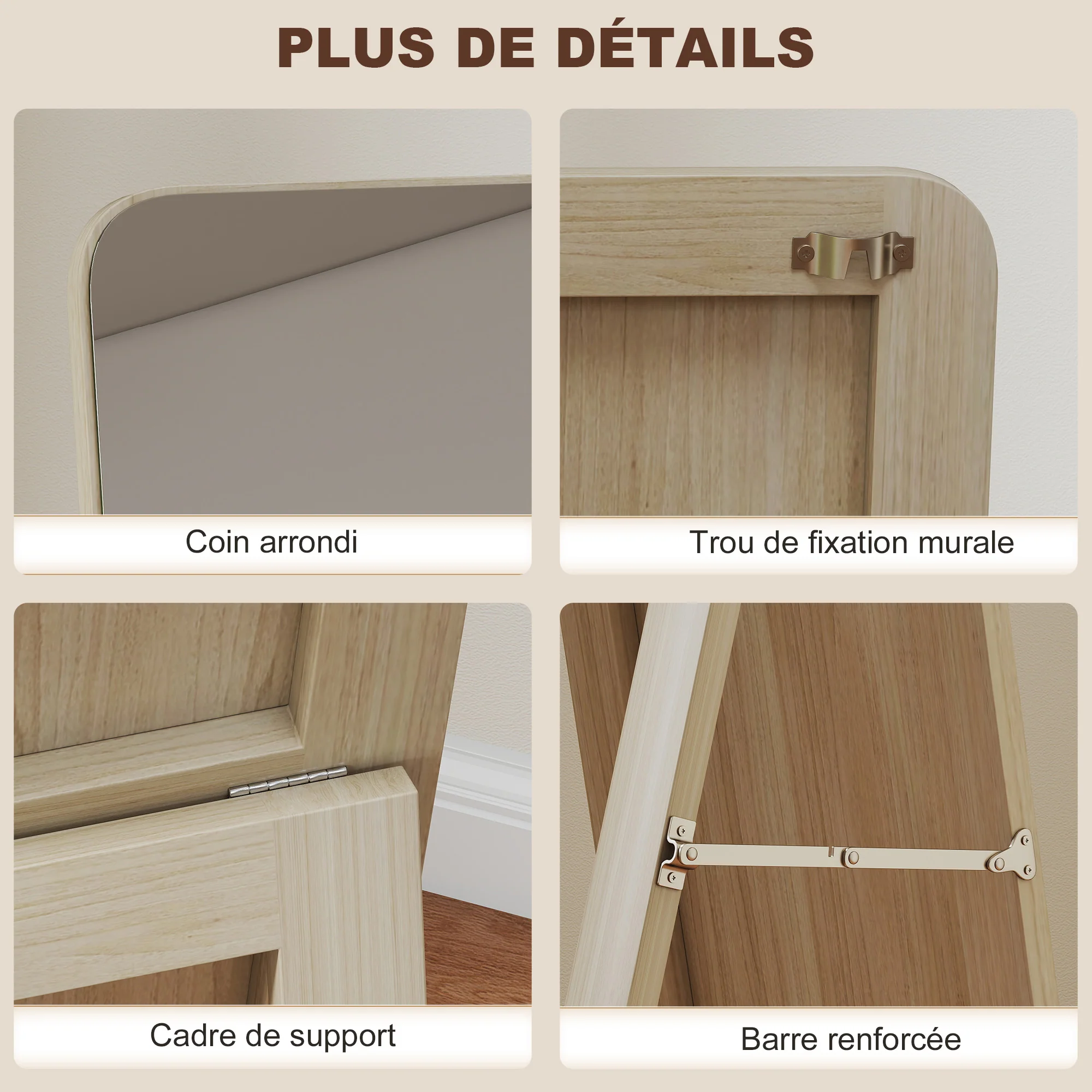 Grand miroir pleine longueur rectangulaire, 37 x 160 cm - miroir sur pied ou mural - pour chambre à coucher, salon et dressing, bois naturel - Image 7