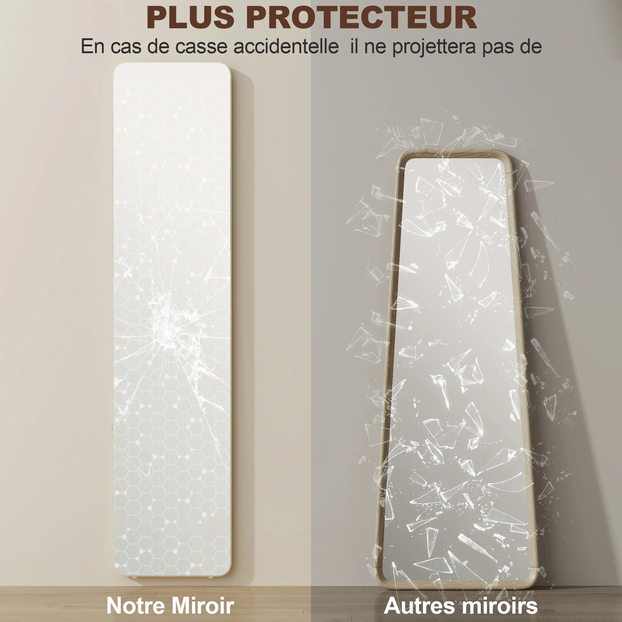 Grand miroir pleine longueur rectangulaire, 37 x 160 cm - miroir sur pied ou mural - pour chambre à coucher, salon et dressing, bois naturel - Image 8