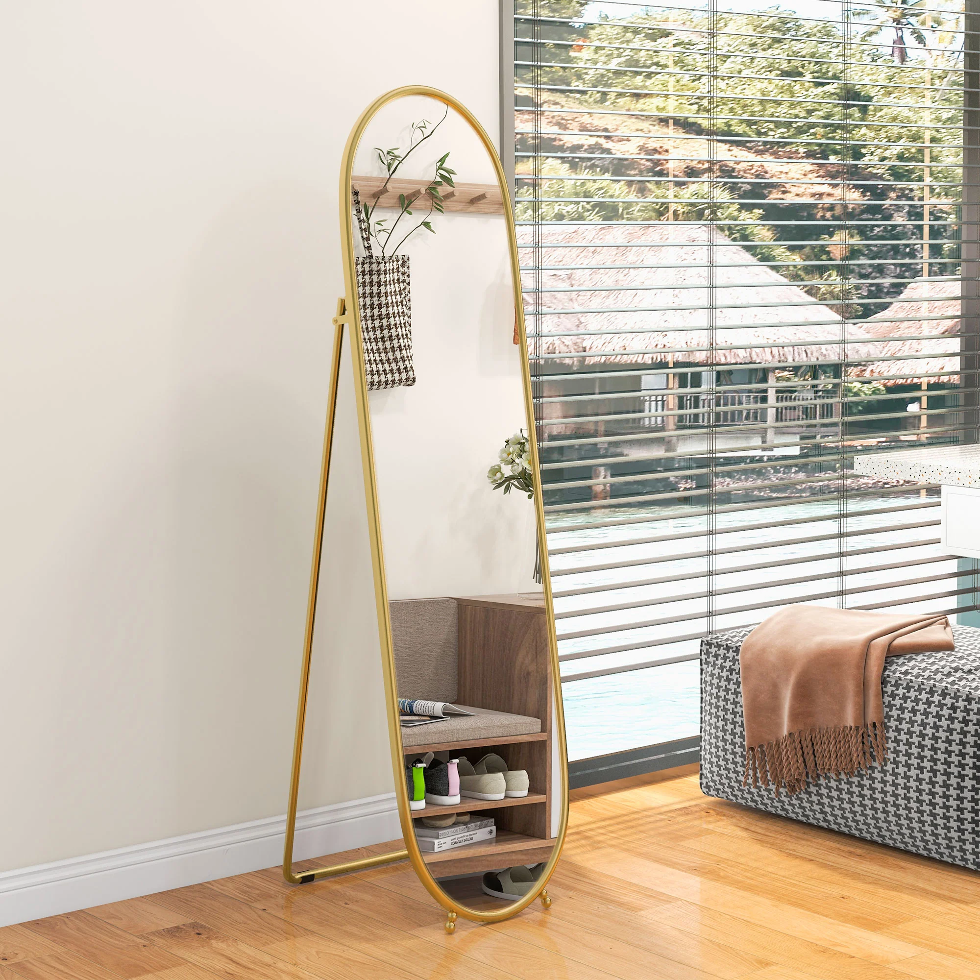 Grand miroir sur pied, miroir ovale, cadre en métal doré, avec support pour entrée, chambre, dressing, 40 x 160 cm - Image 10