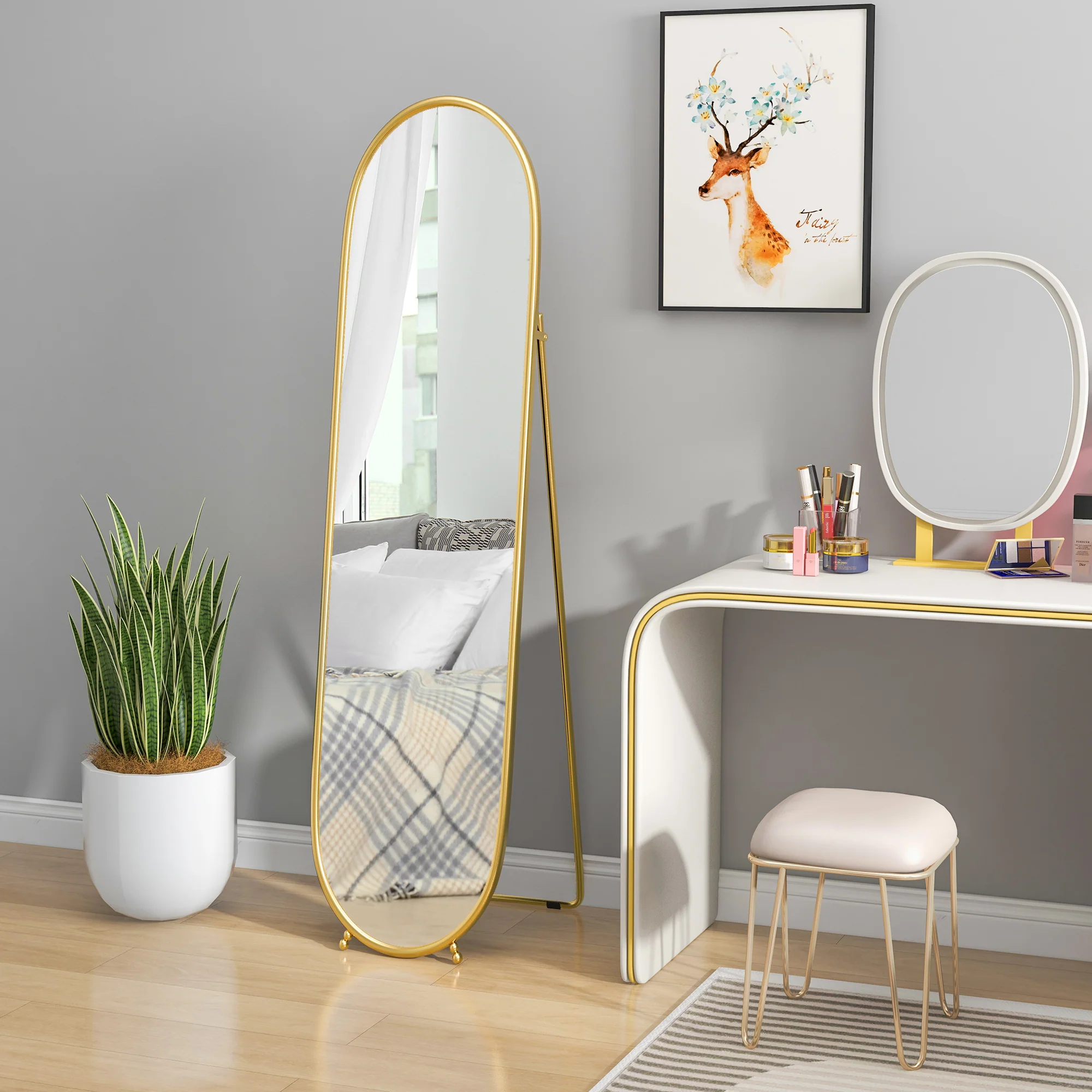 Grand miroir sur pied, miroir ovale, cadre en métal doré, avec support pour entrée, chambre, dressing, 40 x 160 cm - Image 3