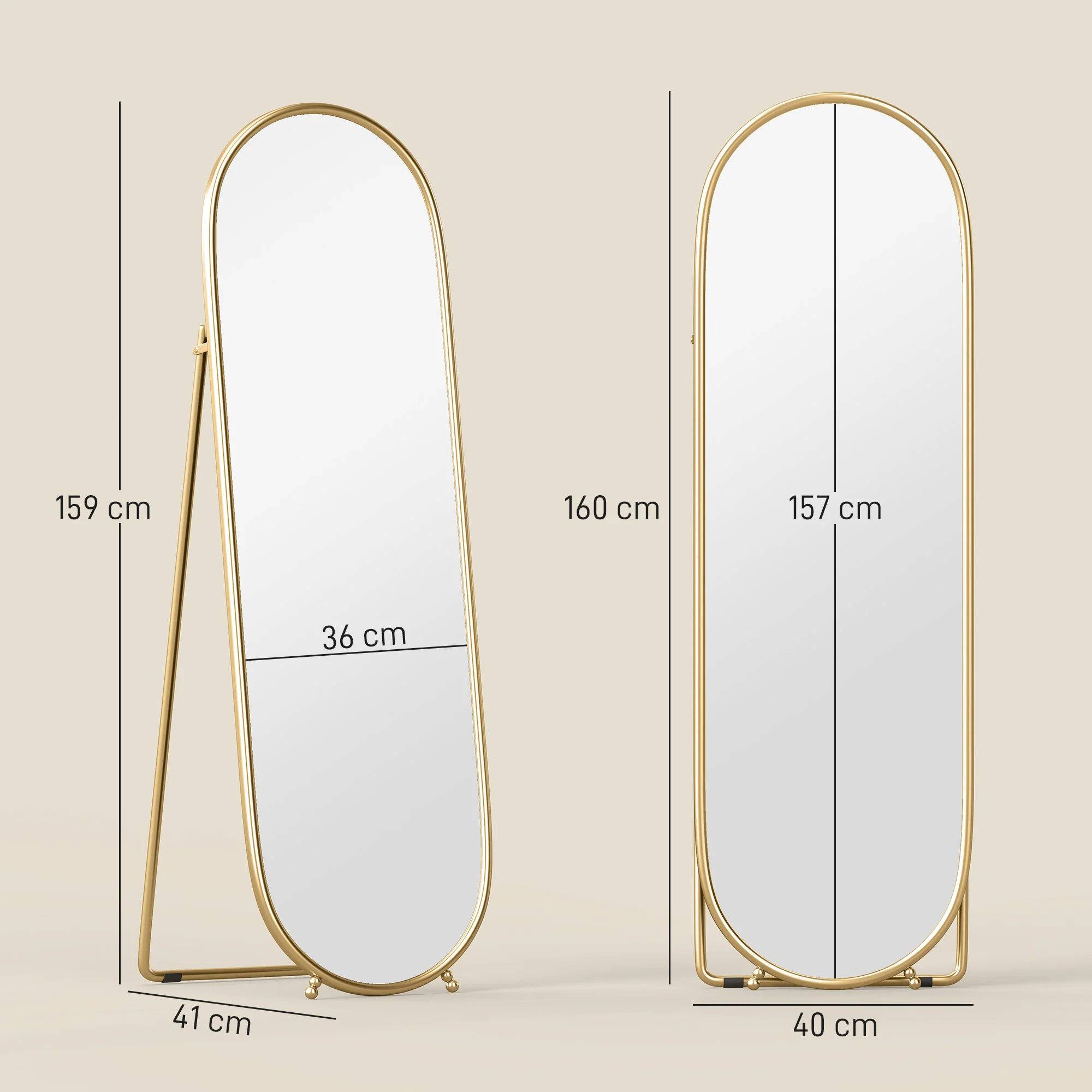 Grand miroir sur pied, miroir ovale, cadre en métal doré, avec support pour entrée, chambre, dressing, 40 x 160 cm - Image 4