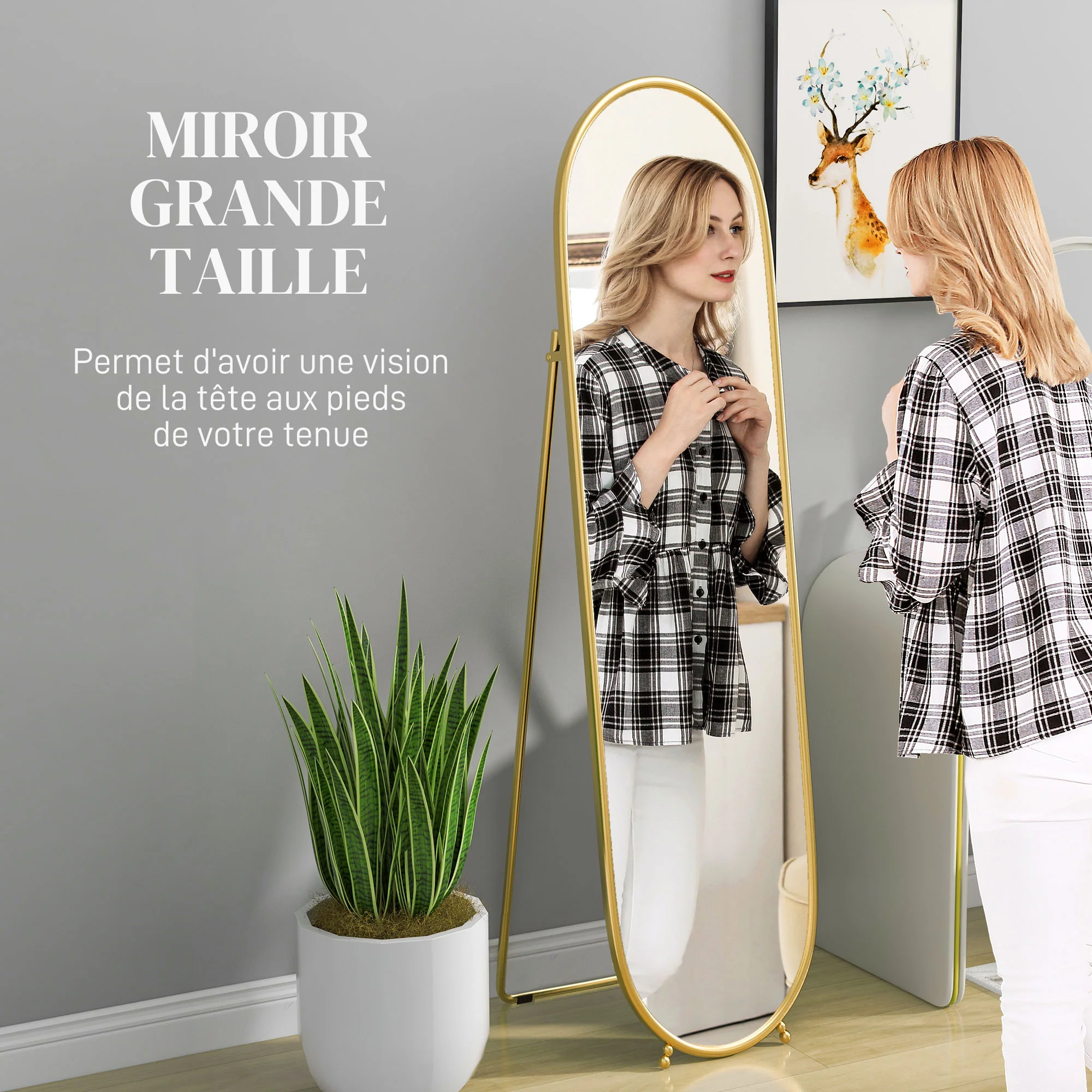 Grand miroir sur pied, miroir ovale, cadre en métal doré, avec support pour entrée, chambre, dressing, 40 x 160 cm - Image 5