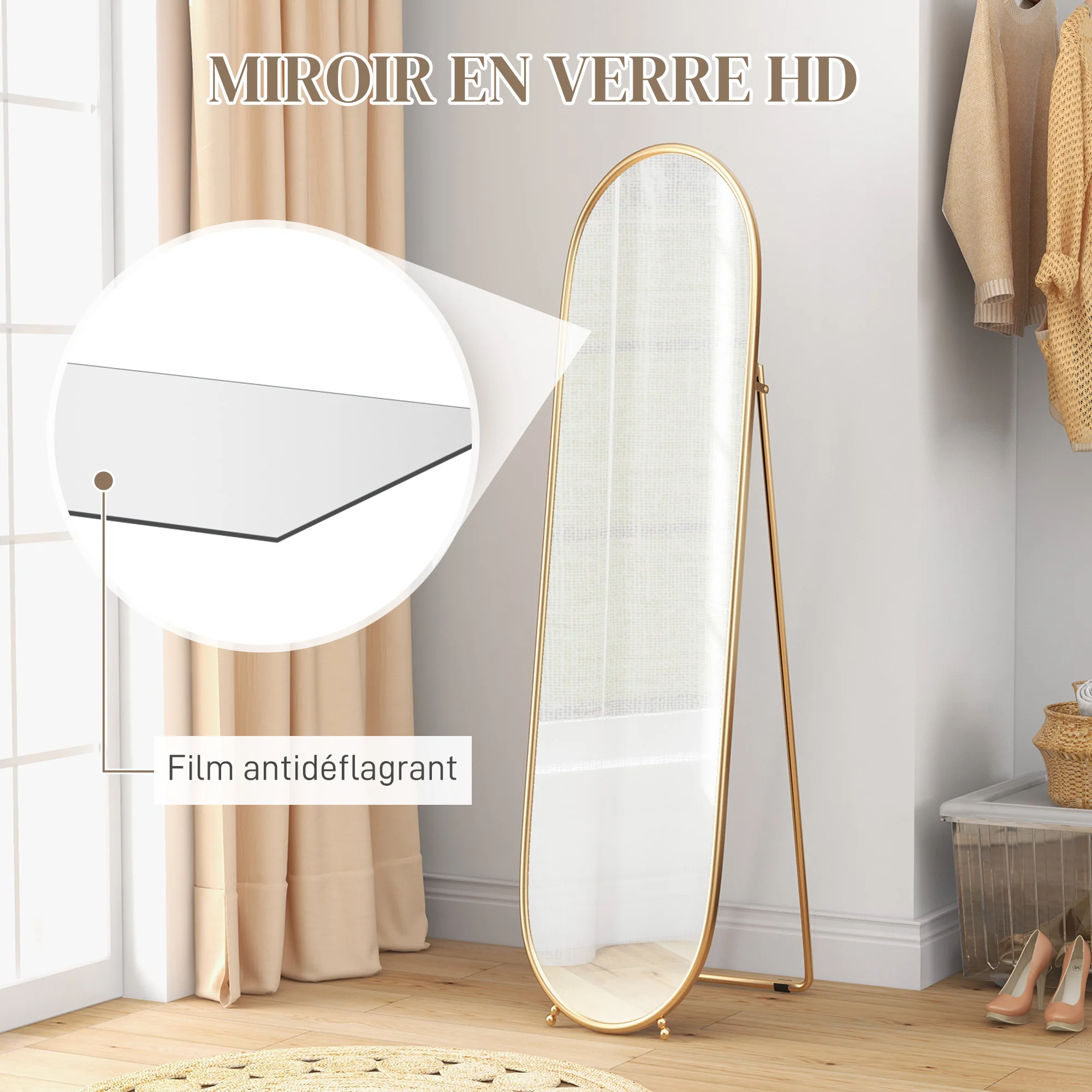 Grand miroir sur pied, miroir ovale, cadre en métal doré, avec support pour entrée, chambre, dressing, 40 x 160 cm - Image 6