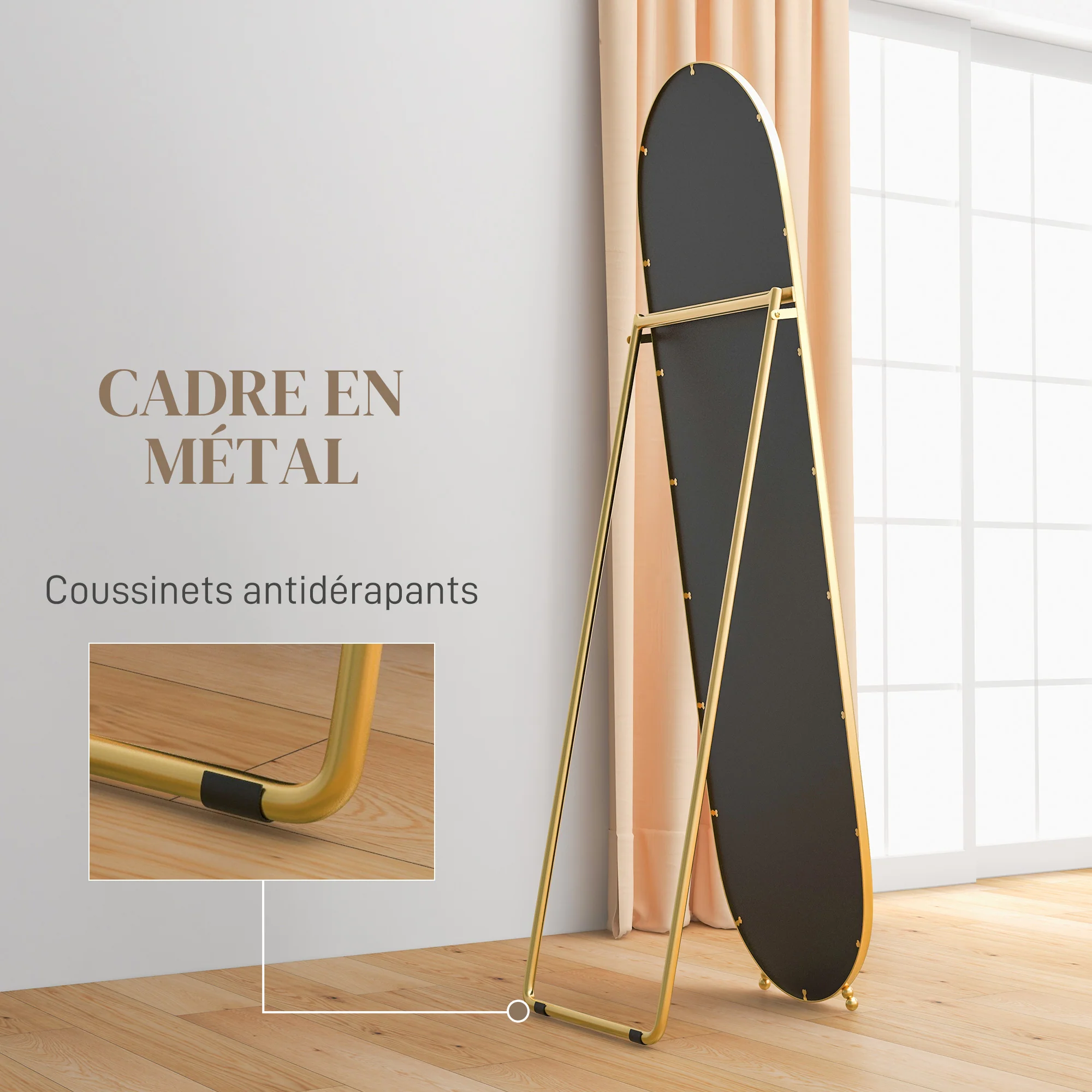 Grand miroir sur pied, miroir ovale, cadre en métal doré, avec support pour entrée, chambre, dressing, 40 x 160 cm - Image 7