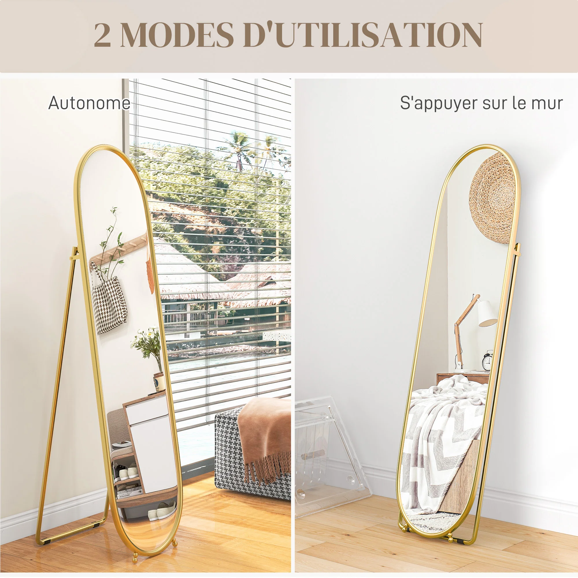 Grand miroir sur pied, miroir ovale, cadre en métal doré, avec support pour entrée, chambre, dressing, 40 x 160 cm - Image 8