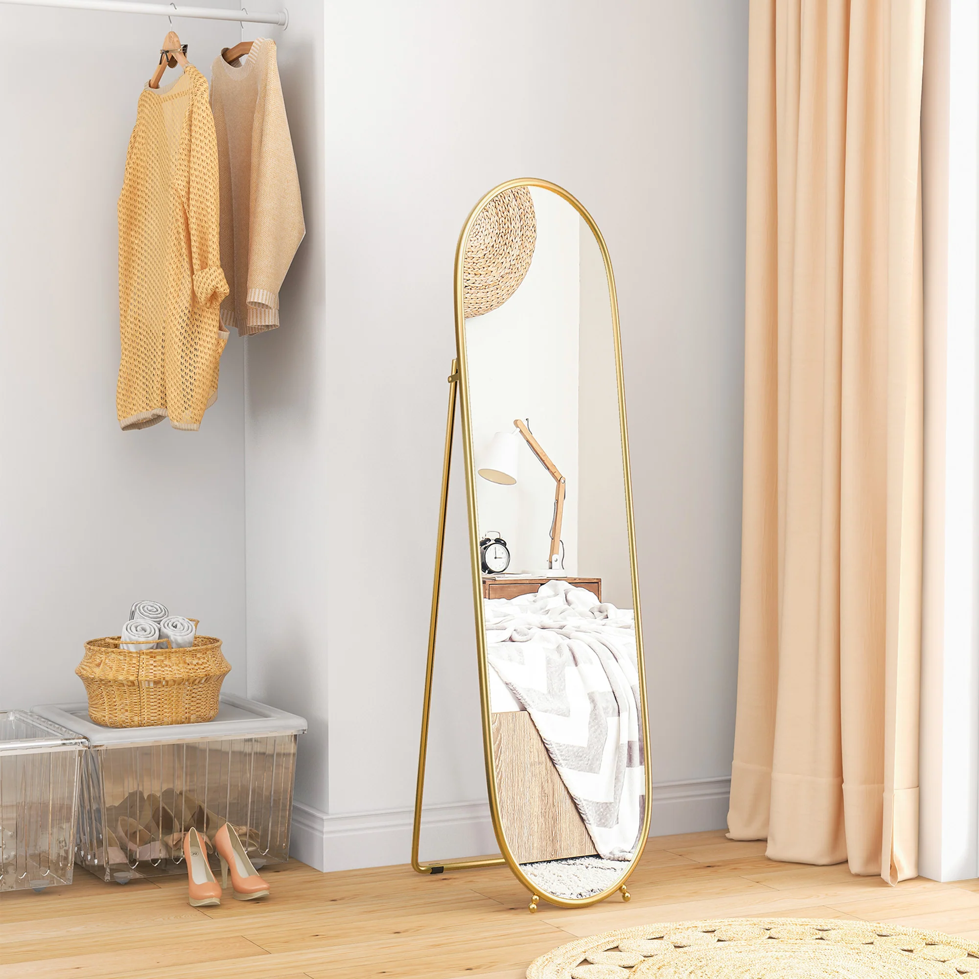 Grand miroir sur pied, miroir ovale, cadre en métal doré, avec support pour entrée, chambre, dressing, 40 x 160 cm - Image 9