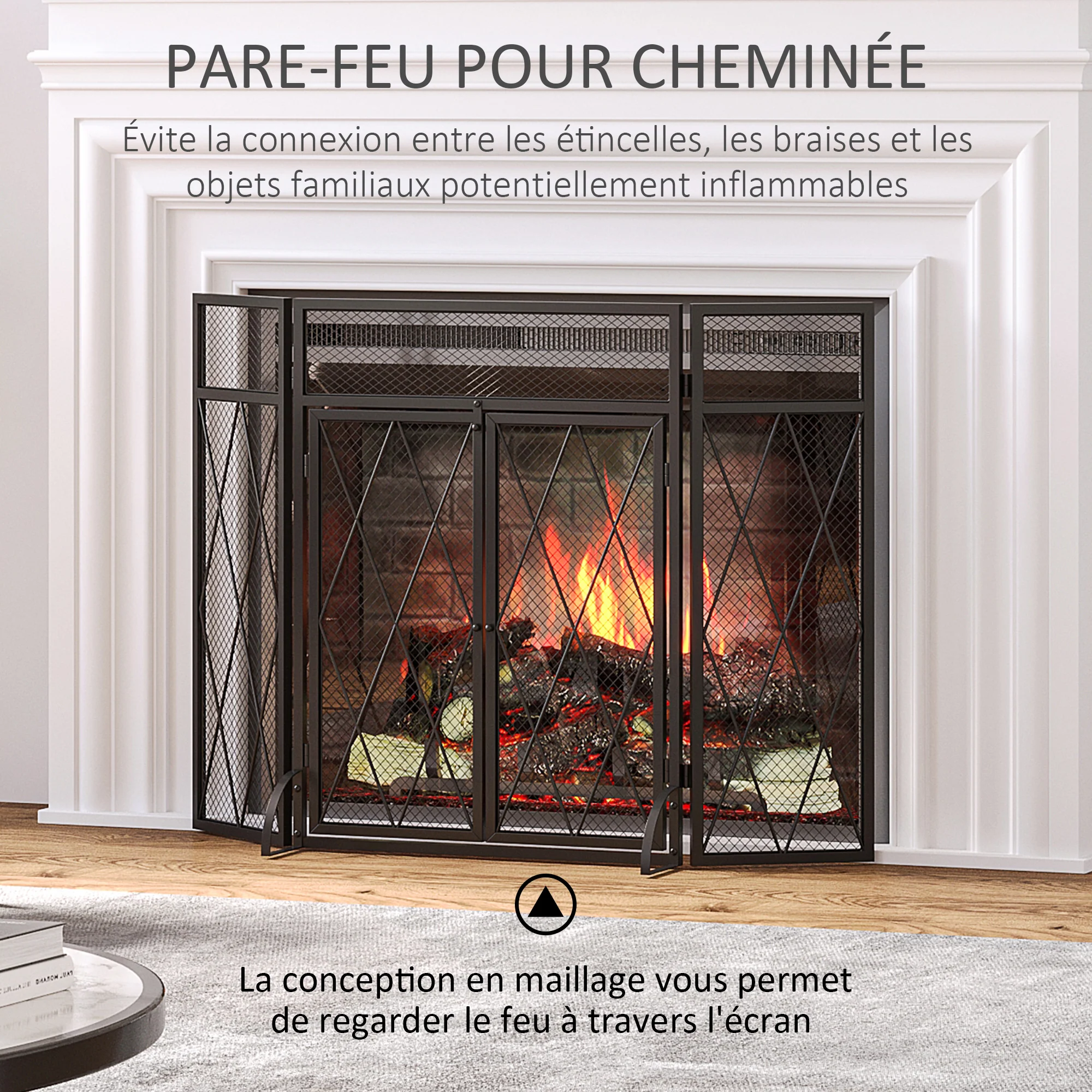 Grille de protection pour cheminée 120 x 79 cm - pare-feu pour cheminée ou poêle - pare-étincelles - barrière de sécurité - 3 volets pliables et porte - métal noir - Image 5