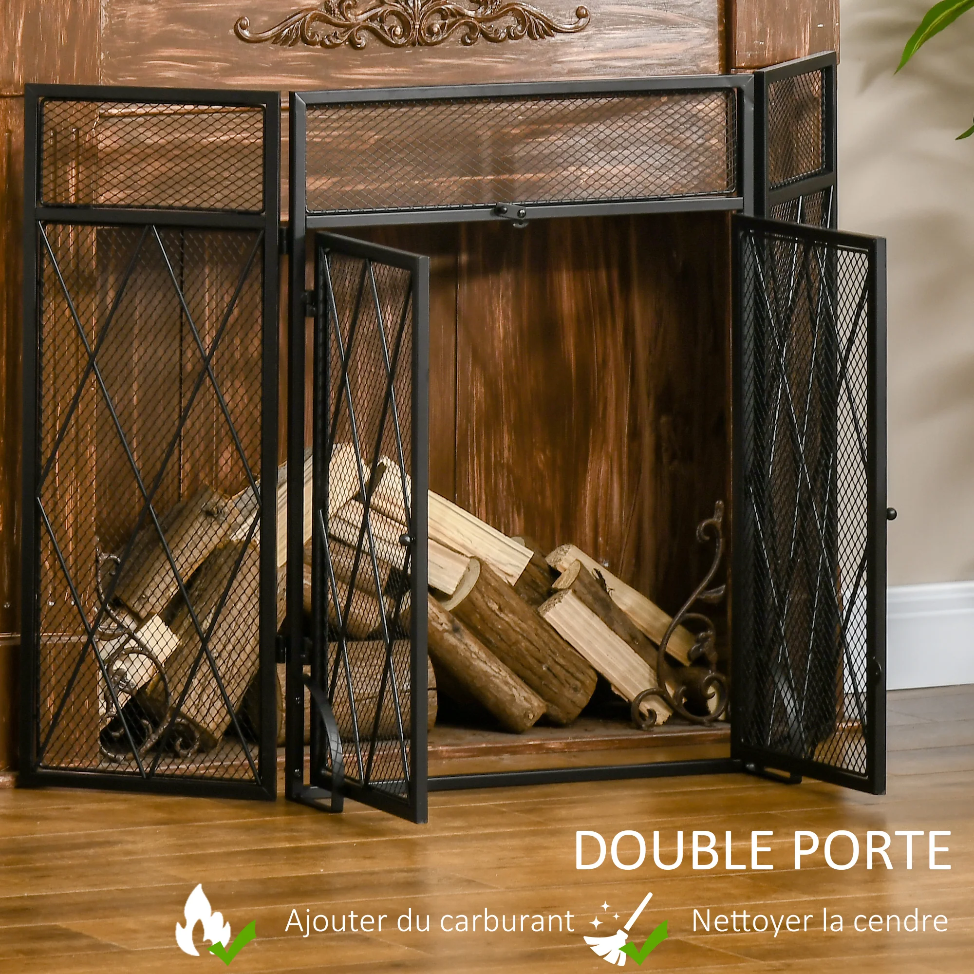 Grille de protection pour cheminée 120 x 79 cm - pare-feu pour cheminée ou poêle - pare-étincelles - barrière de sécurité - 3 volets pliables et porte - métal noir - Image 7
