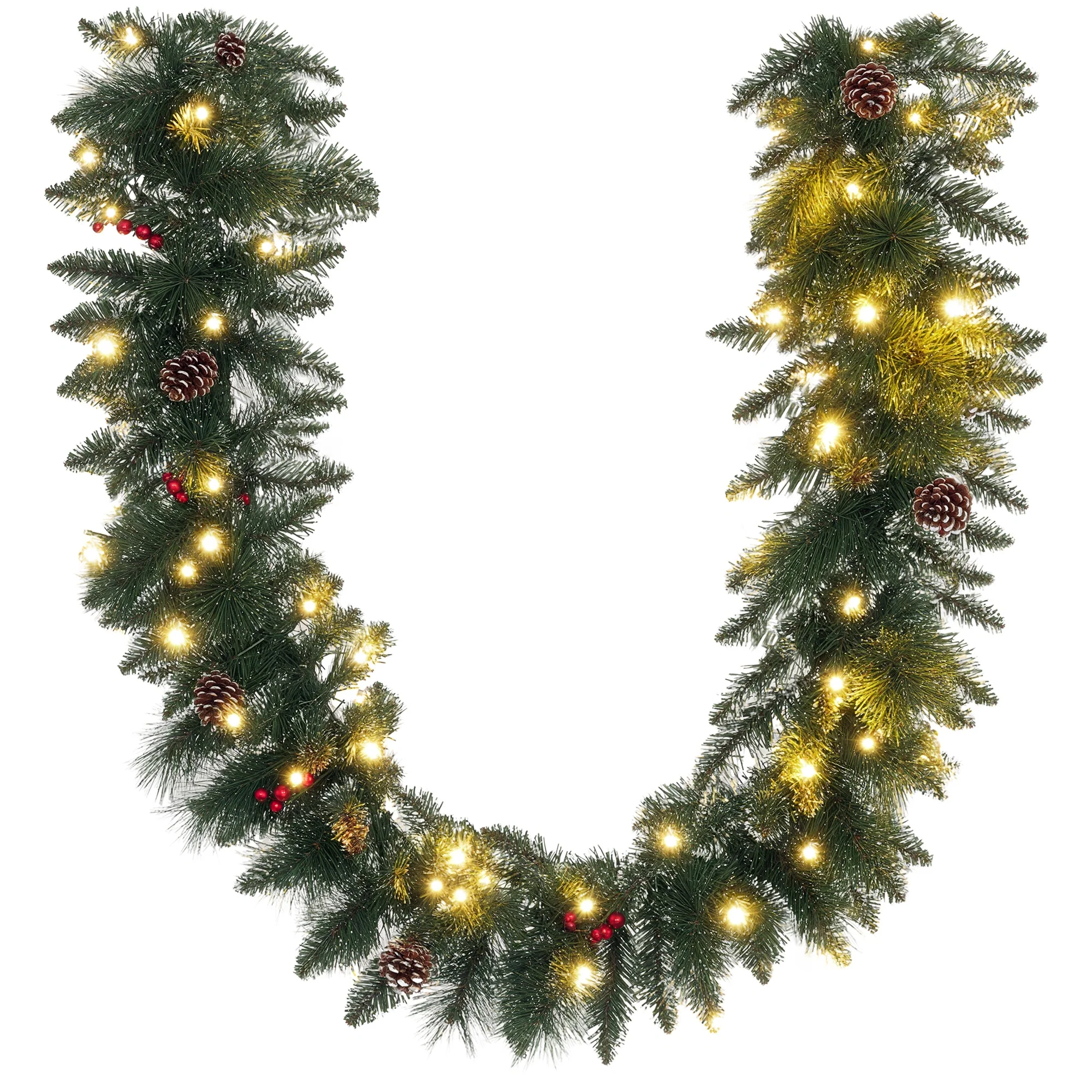 Guirlande de Noël artificielle lumineuse de 1,8 m décoration de Noël avec pommes de pin, grappes de baies, 50 lumières LED et minuterie pour escaliers, cheminées, vert - Image 11