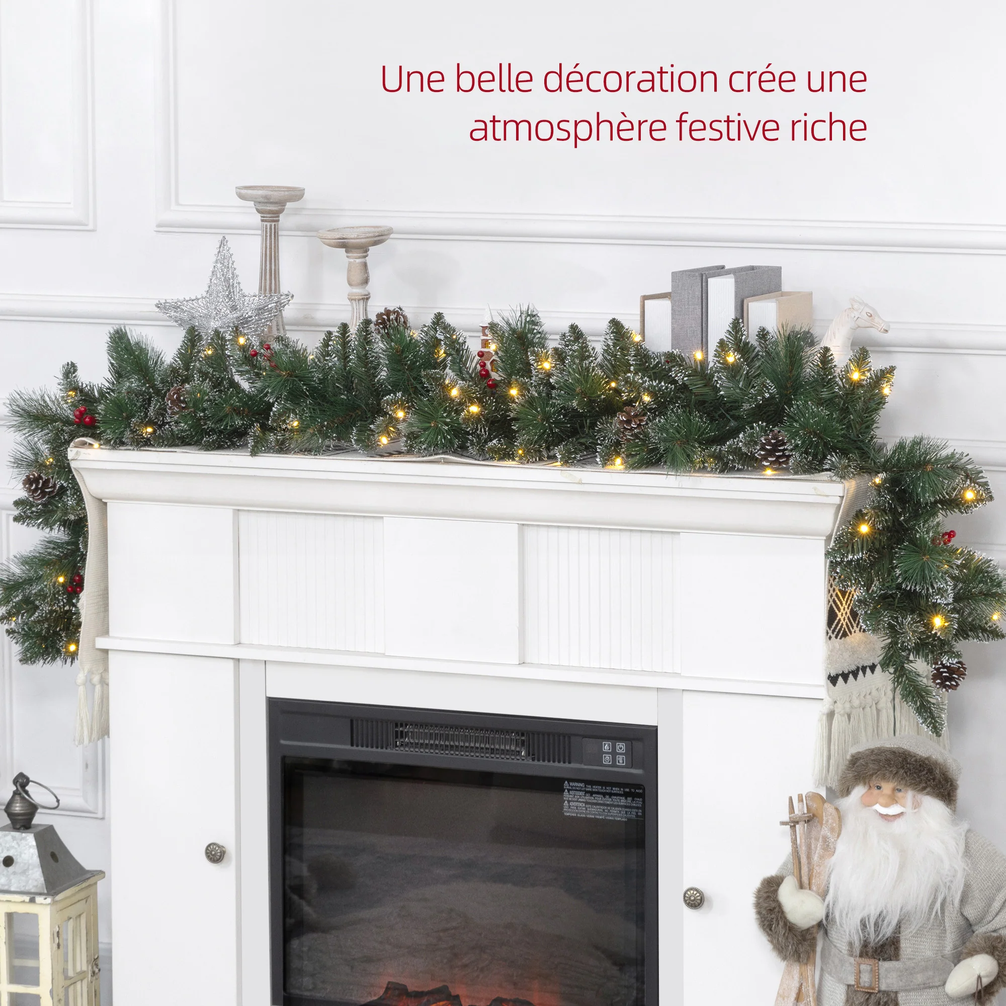 Guirlande de Noël artificielle lumineuse de 1,8 m décoration de Noël avec pommes de pin, grappes de baies, 50 lumières LED et minuterie pour escaliers, cheminées, vert - Image 5