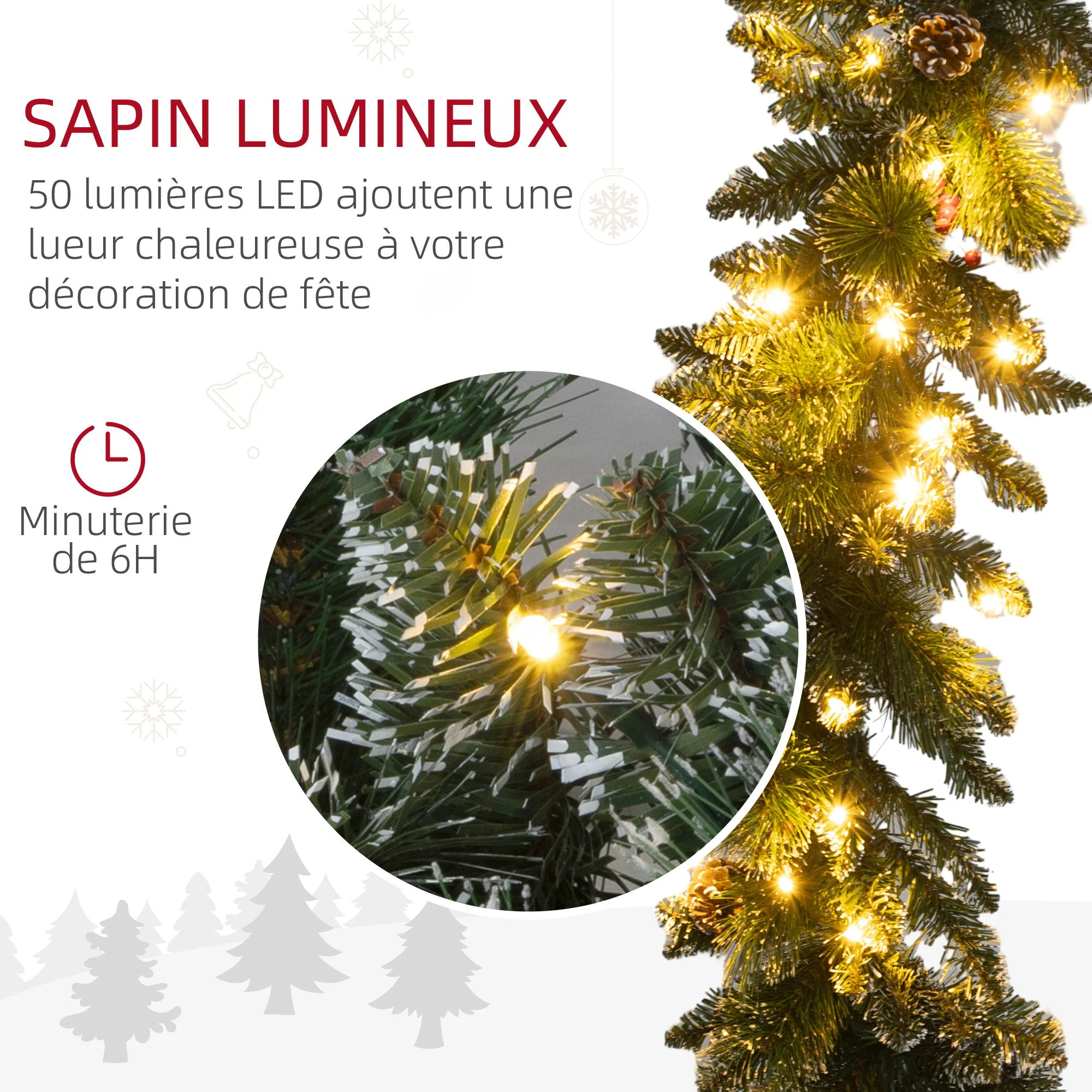 Guirlande de Noël artificielle lumineuse de 1,8 m décoration de Noël avec pommes de pin, grappes de baies, 50 lumières LED et minuterie pour escaliers, cheminées, vert - Image 6