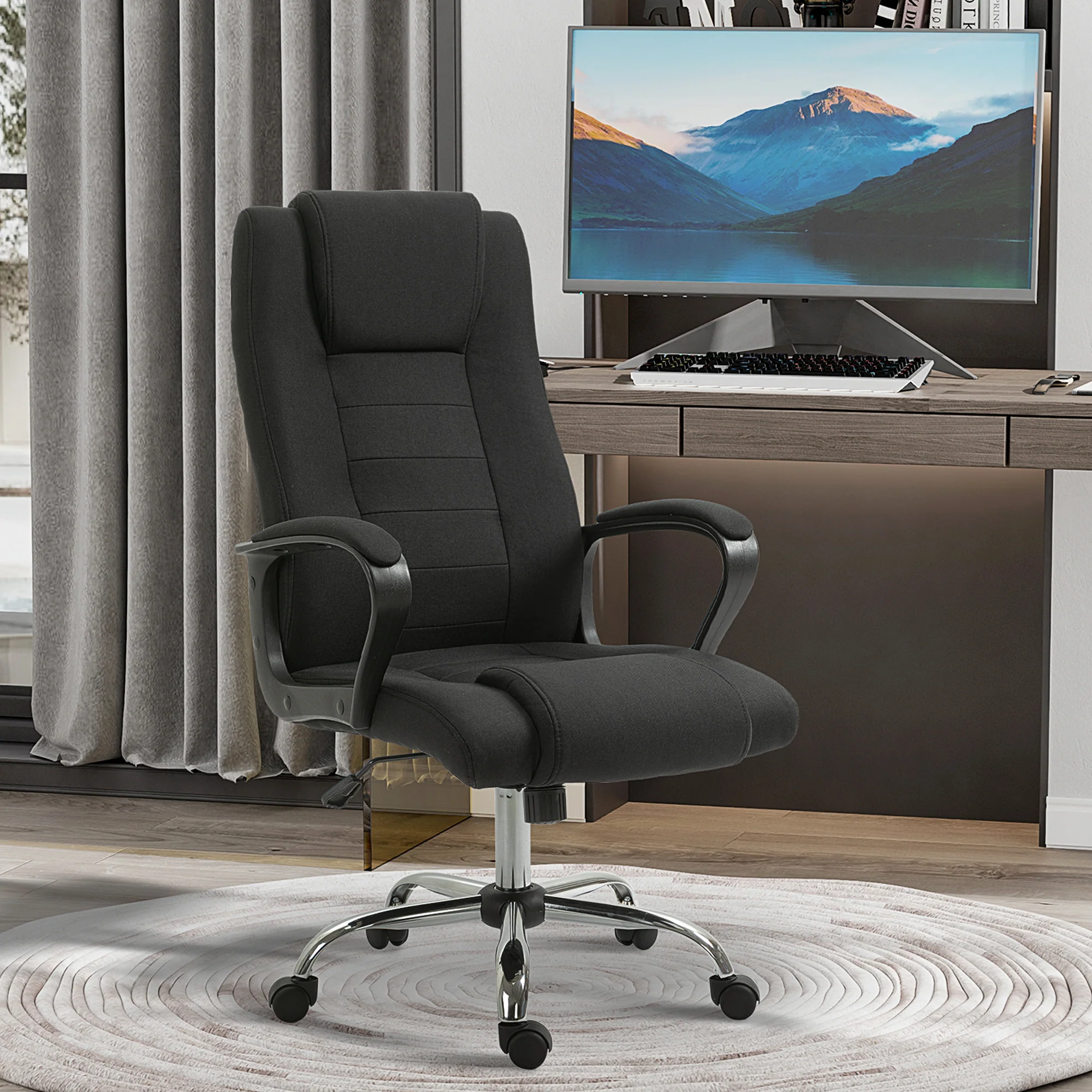 HOMCOM Fauteuil de bureau à roulettes chaise manager ergonomique pivotante hauteur réglable lin noir - Image 3