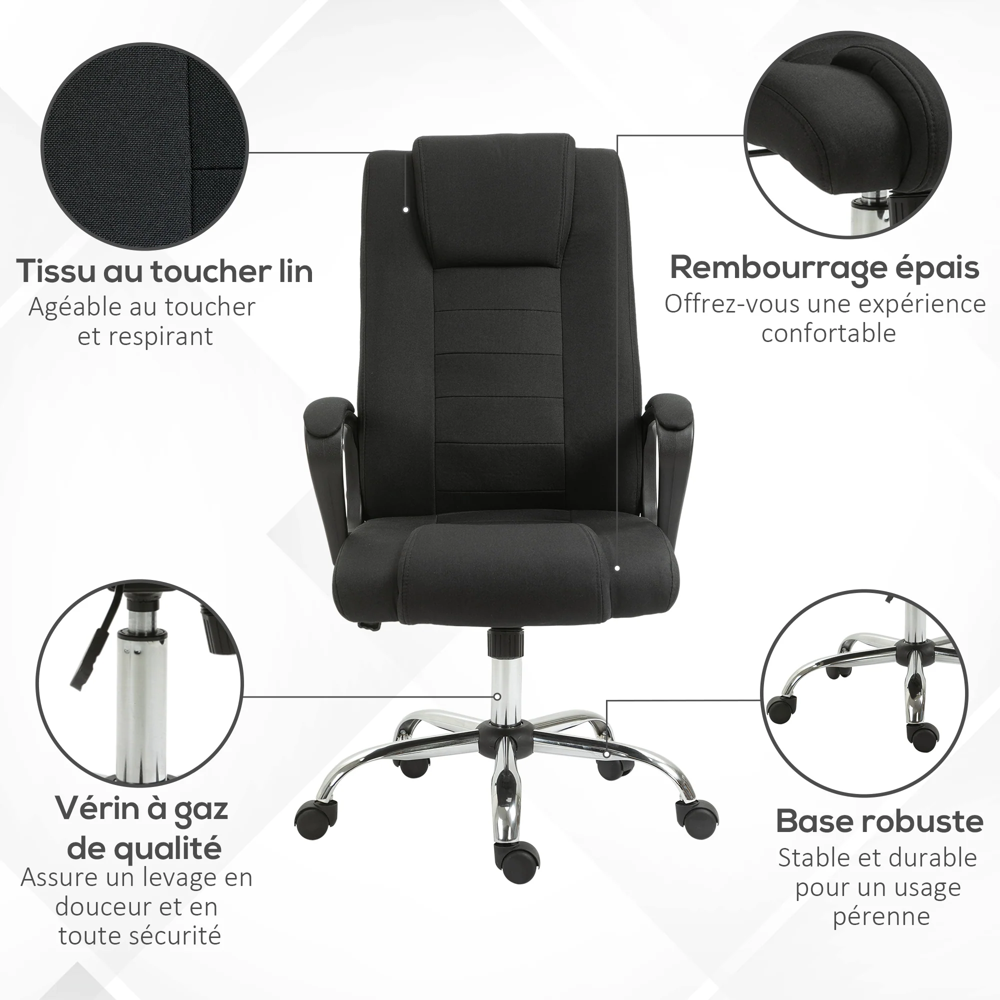 HOMCOM Fauteuil de bureau à roulettes chaise manager ergonomique pivotante hauteur réglable lin noir - Image 6