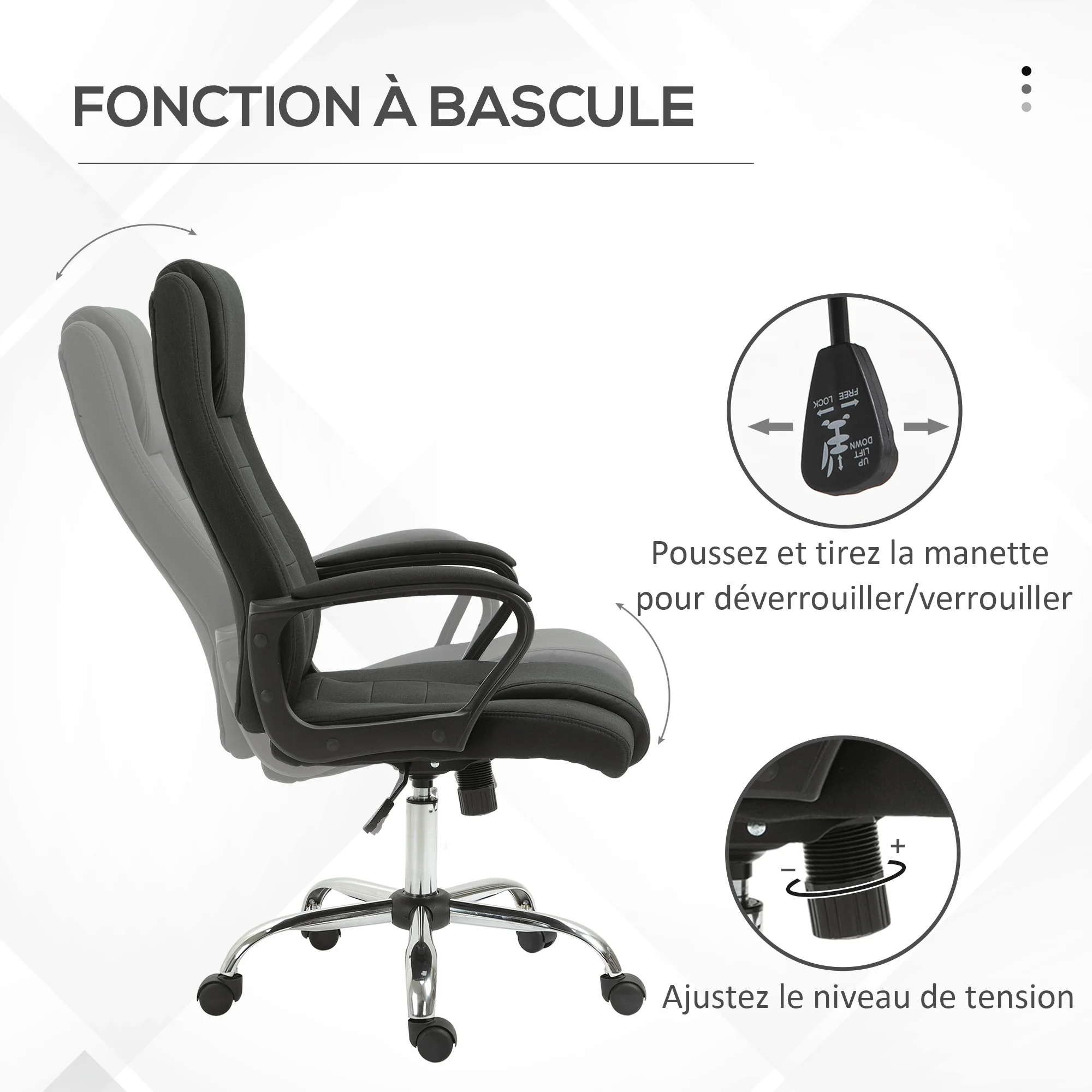 HOMCOM Fauteuil de bureau à roulettes chaise manager ergonomique pivotante hauteur réglable lin noir - Image 7