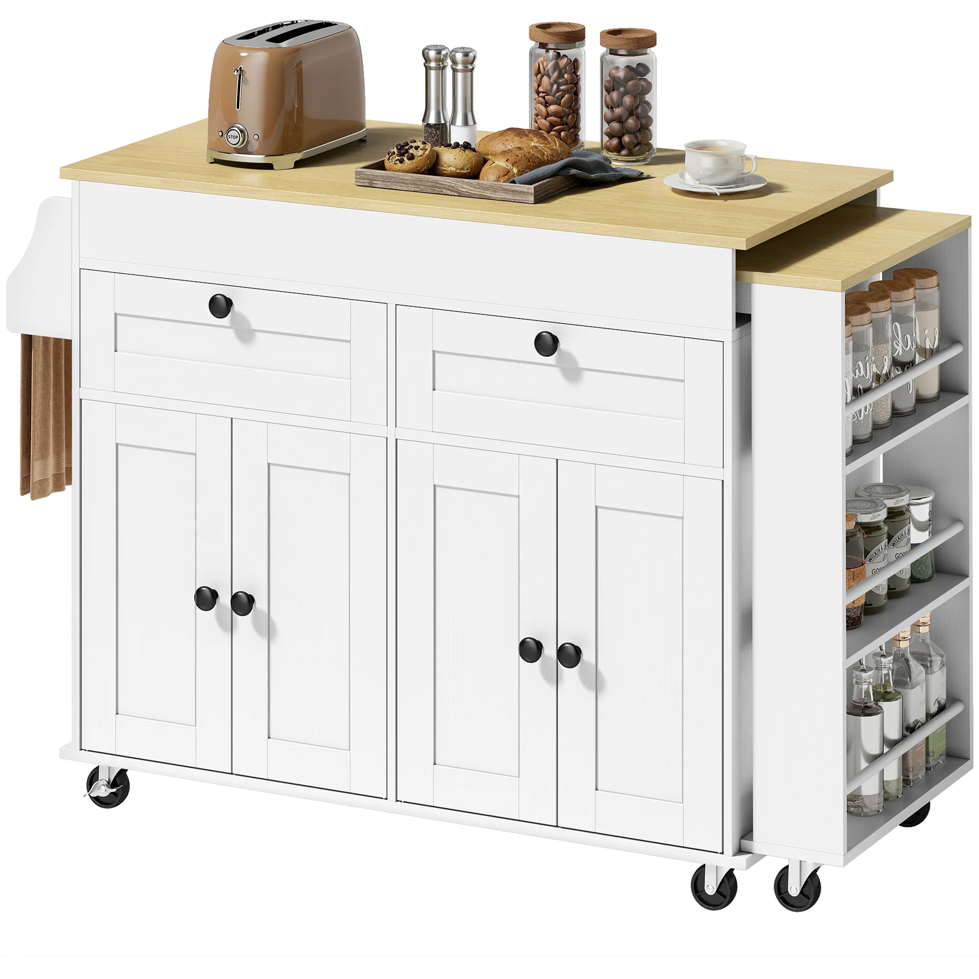 ?lot Central Cuisine avec Plateau Extensible, Desserte de Cuisine sur Roulettes avec 2 Tiroirs, 4 Portes, Porte-Serviettes et Porte-épices, Style Rustique,127,2-189,2 x 50 x 87,8 cm, Blanc - Image 12