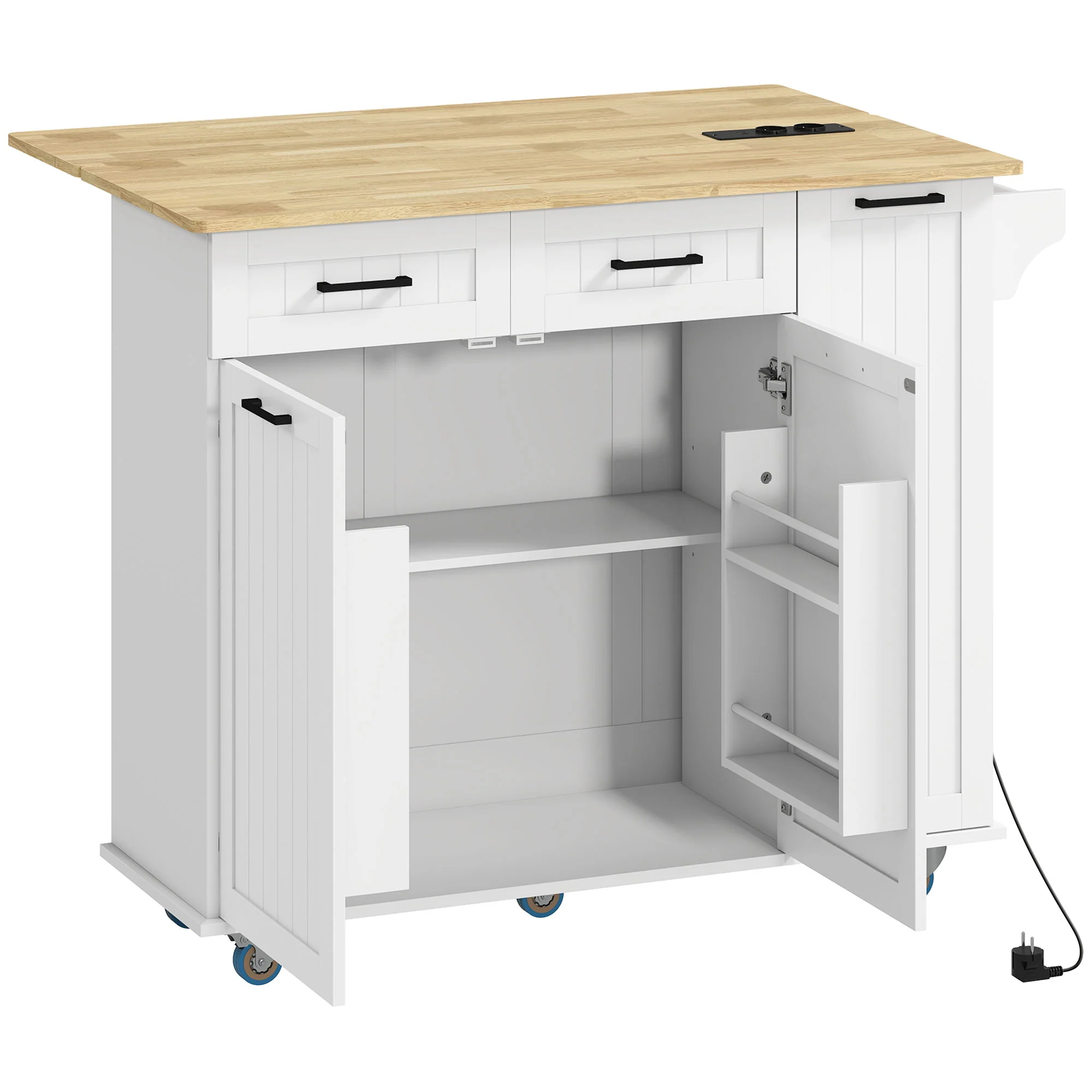 ?lot central cuisine mobile avec prise de courant et port USB desserte cuisine à roulettes avec tablette à abattant 2 tiroirs 2 placards étagère réglable porte-épices et porte-serviettes blanc - Image 2