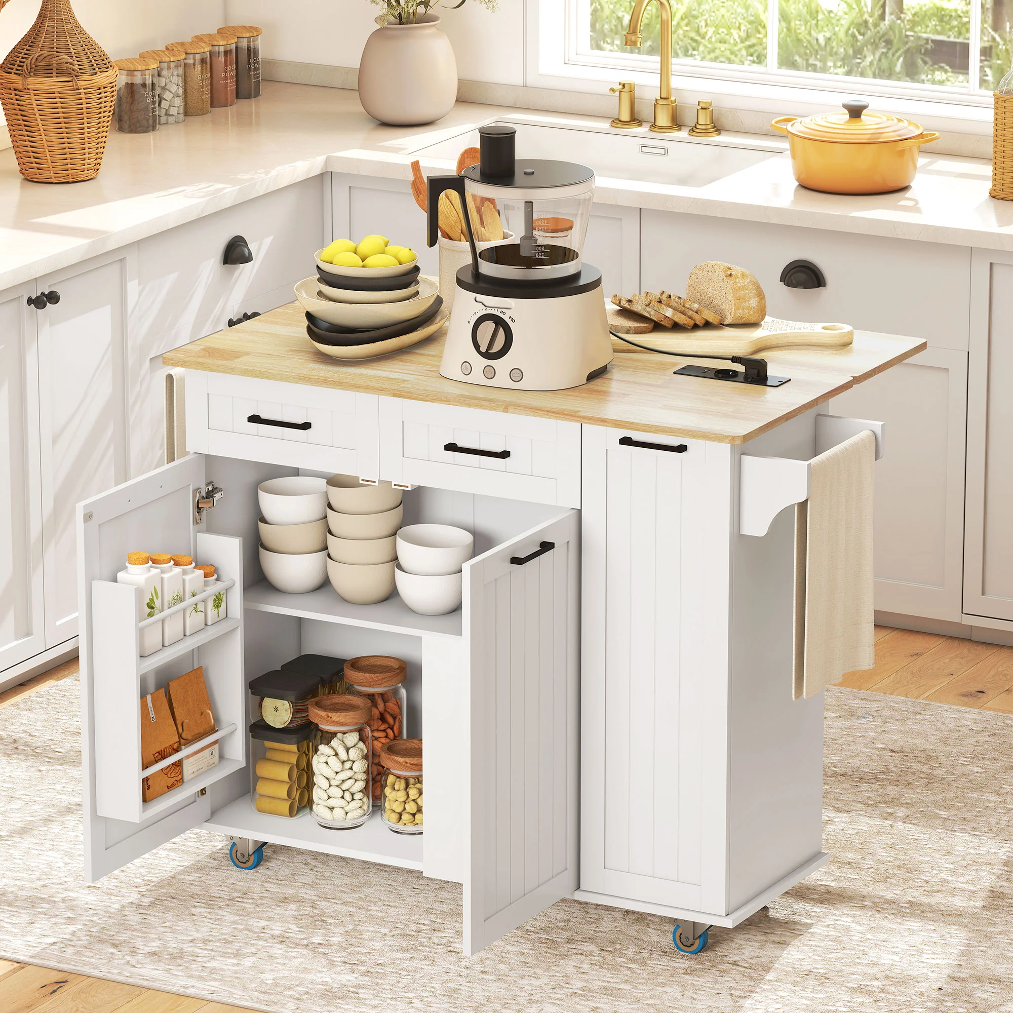 ?lot central cuisine mobile avec prise de courant et port USB desserte cuisine à roulettes avec tablette à abattant 2 tiroirs 2 placards étagère réglable porte-épices et porte-serviettes blanc - Image 3