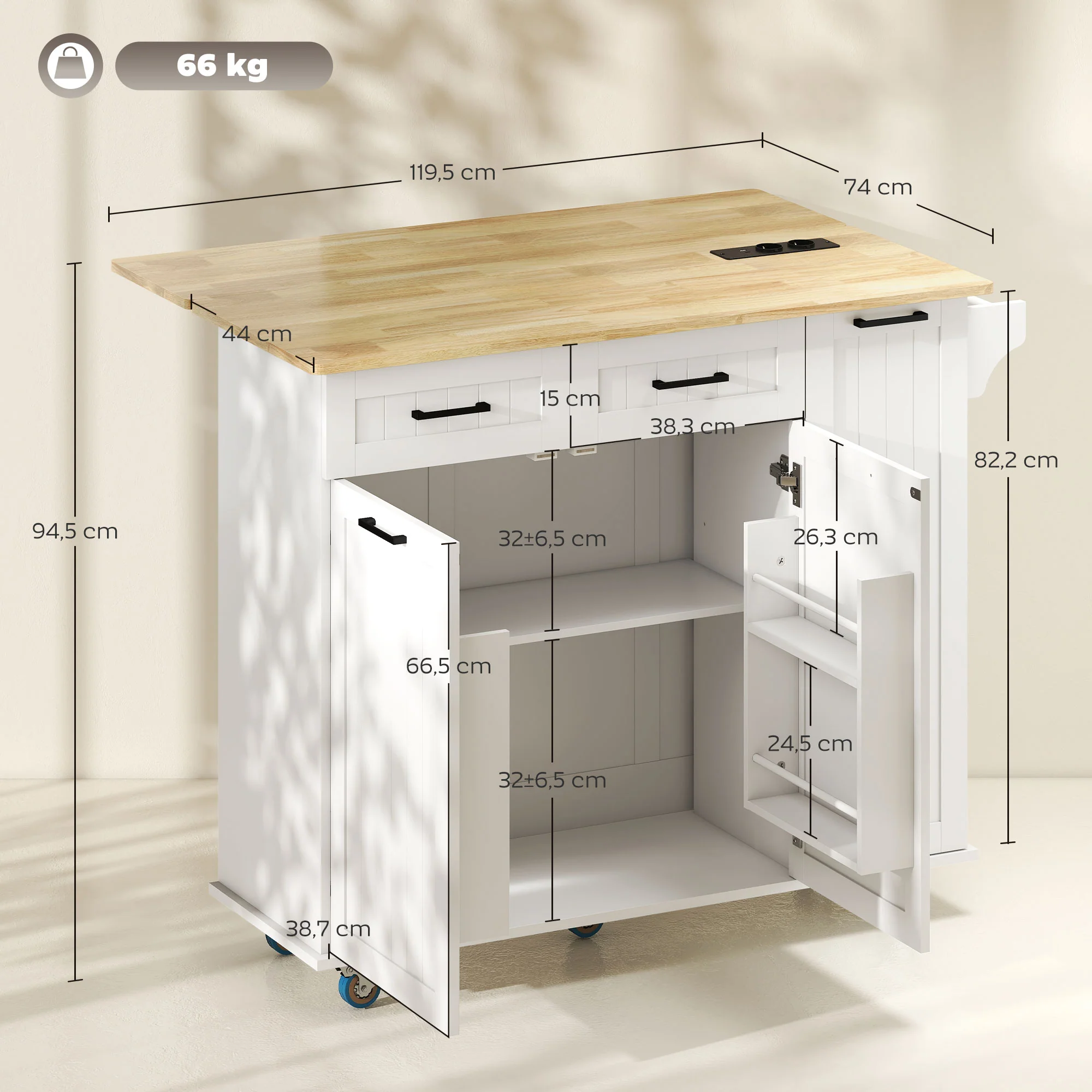 ?lot central cuisine mobile avec prise de courant et port USB desserte cuisine à roulettes avec tablette à abattant 2 tiroirs 2 placards étagère réglable porte-épices et porte-serviettes blanc - Image 4