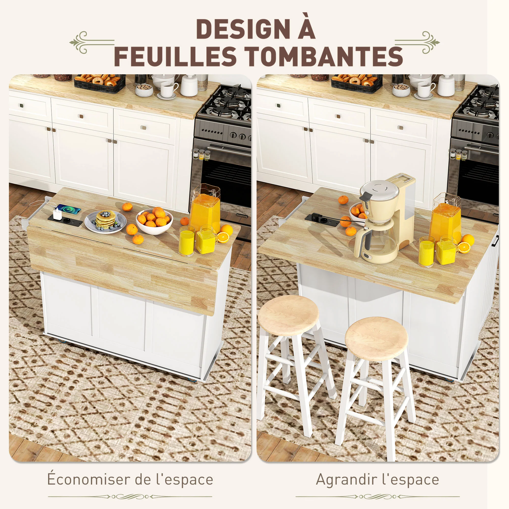 ?lot central cuisine mobile avec prise de courant et port USB desserte cuisine à roulettes avec tablette à abattant 2 tiroirs 2 placards étagère réglable porte-épices et porte-serviettes blanc - Image 5