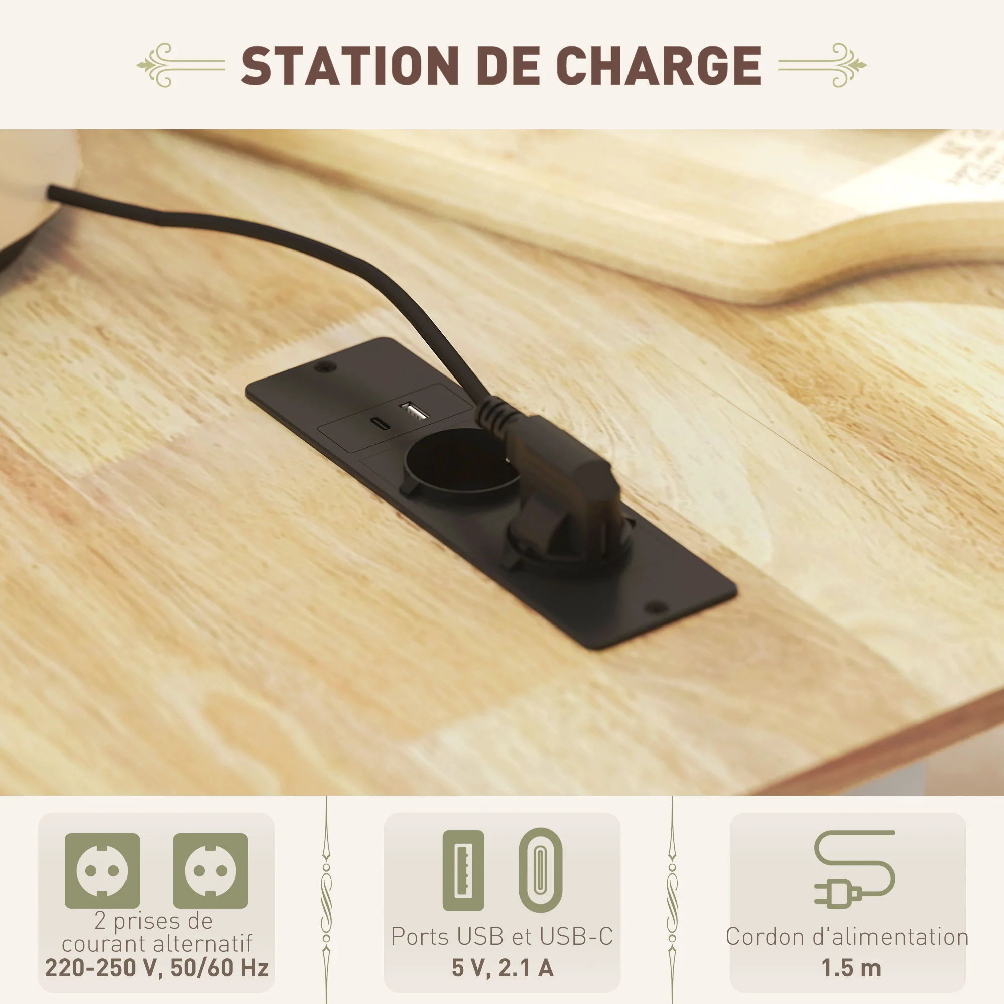 ?lot central cuisine mobile avec prise de courant et port USB desserte cuisine à roulettes avec tablette à abattant 2 tiroirs 2 placards étagère réglable porte-épices et porte-serviettes blanc - Image 6