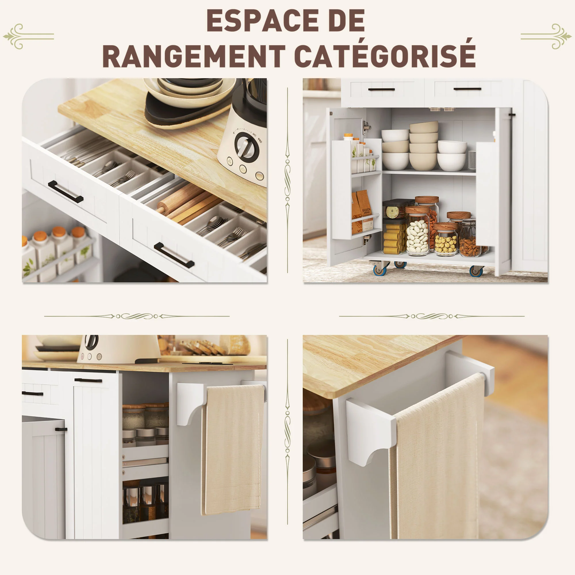 ?lot central cuisine mobile avec prise de courant et port USB desserte cuisine à roulettes avec tablette à abattant 2 tiroirs 2 placards étagère réglable porte-épices et porte-serviettes blanc - Image 7