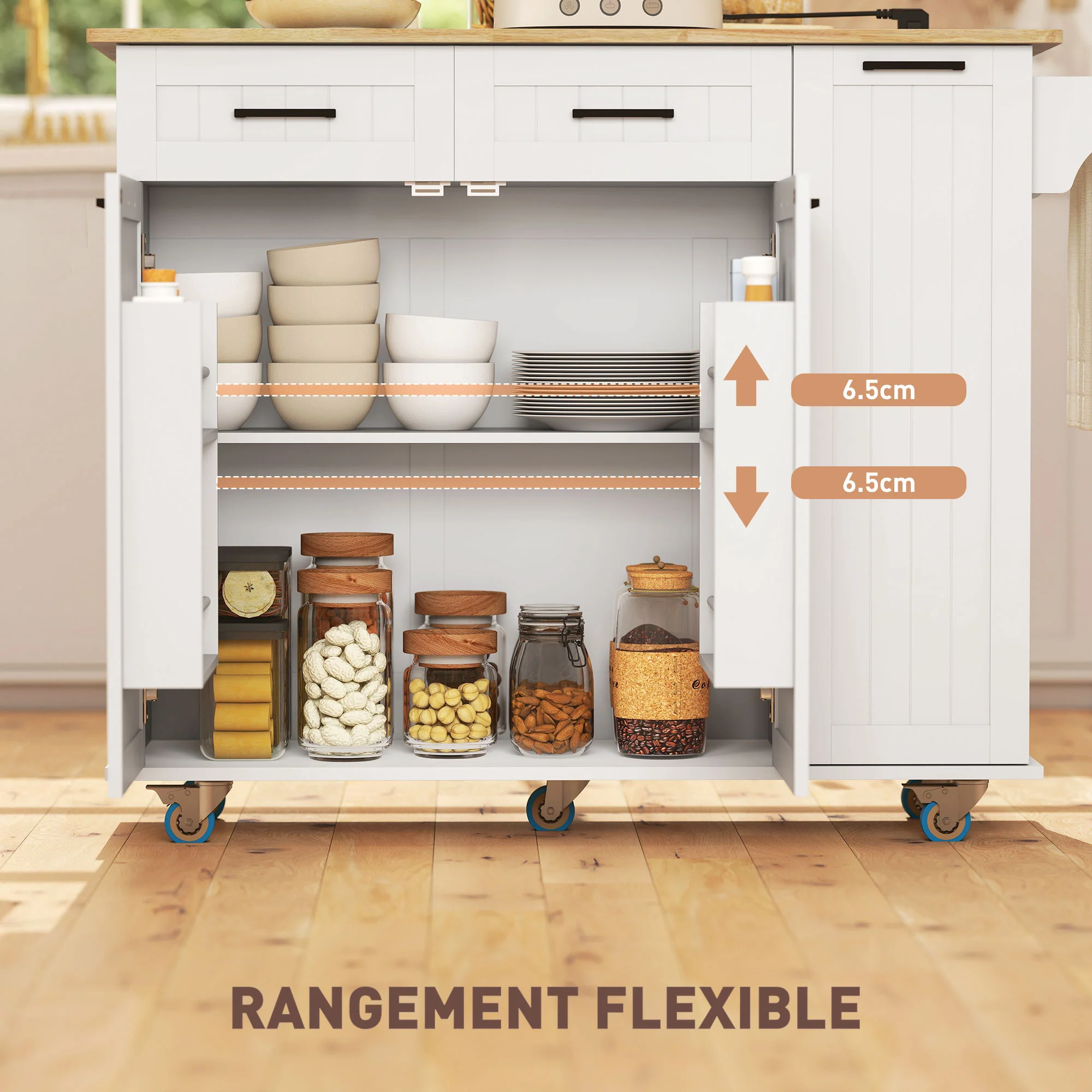 ?lot central cuisine mobile avec prise de courant et port USB desserte cuisine à roulettes avec tablette à abattant 2 tiroirs 2 placards étagère réglable porte-épices et porte-serviettes blanc - Image 8