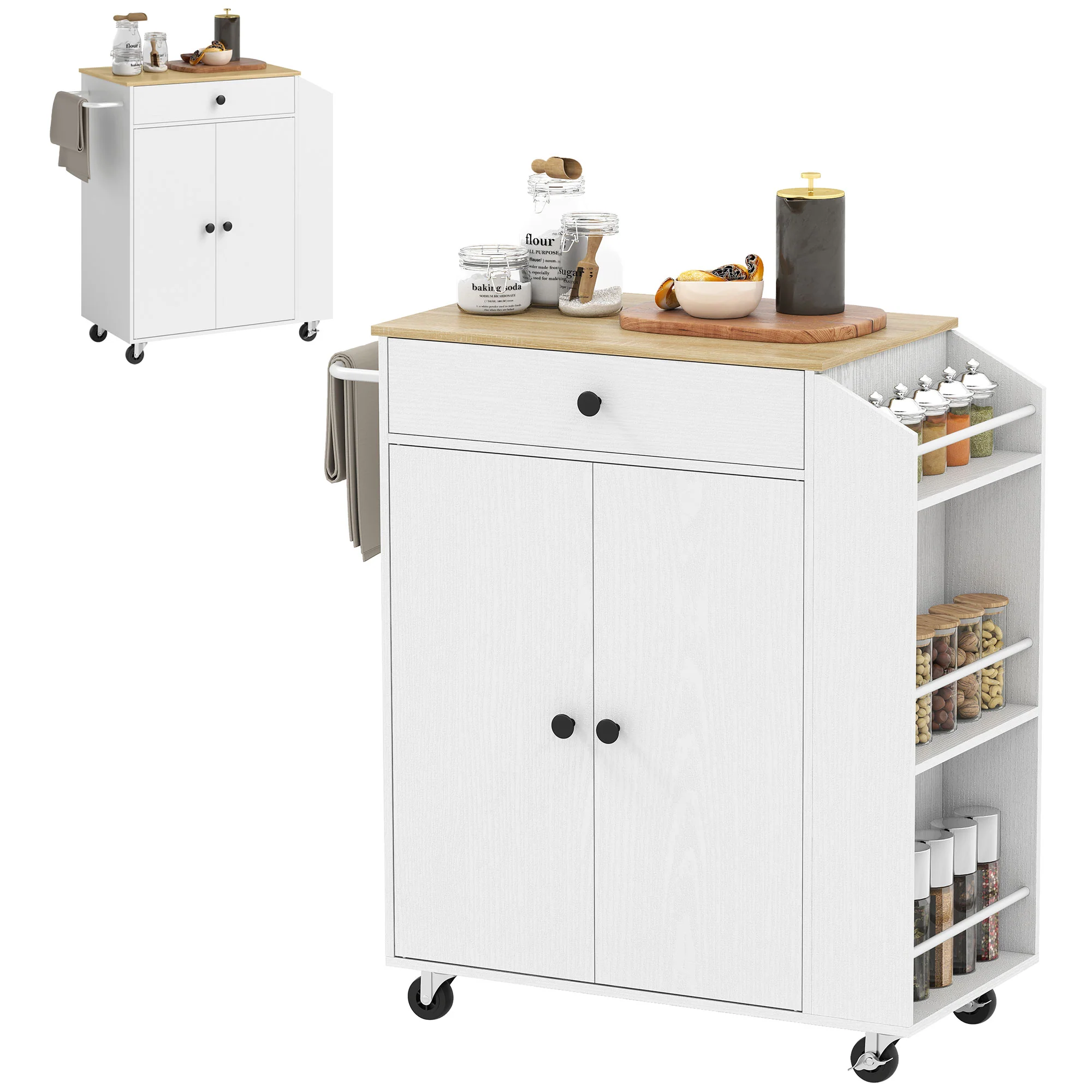 ?lot central cuisine mobile, desserte cuisine avec tiroir, étagère réglable, placard à deux portes, barre à serviettes et étagères à épices pour salle à manger, blanc - Image 11