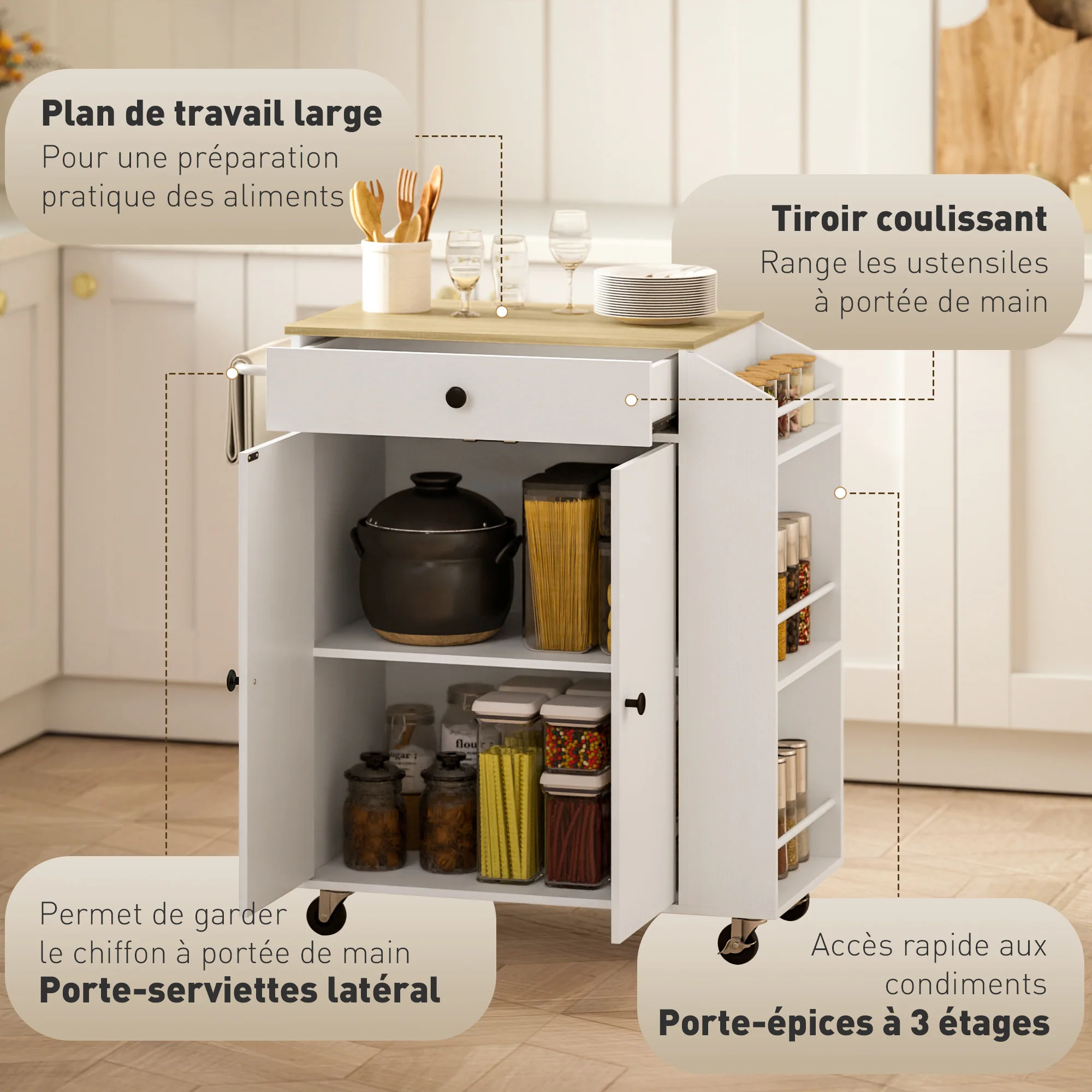 ?lot central cuisine mobile, desserte cuisine avec tiroir, étagère réglable, placard à deux portes, barre à serviettes et étagères à épices pour salle à manger, blanc - Image 5
