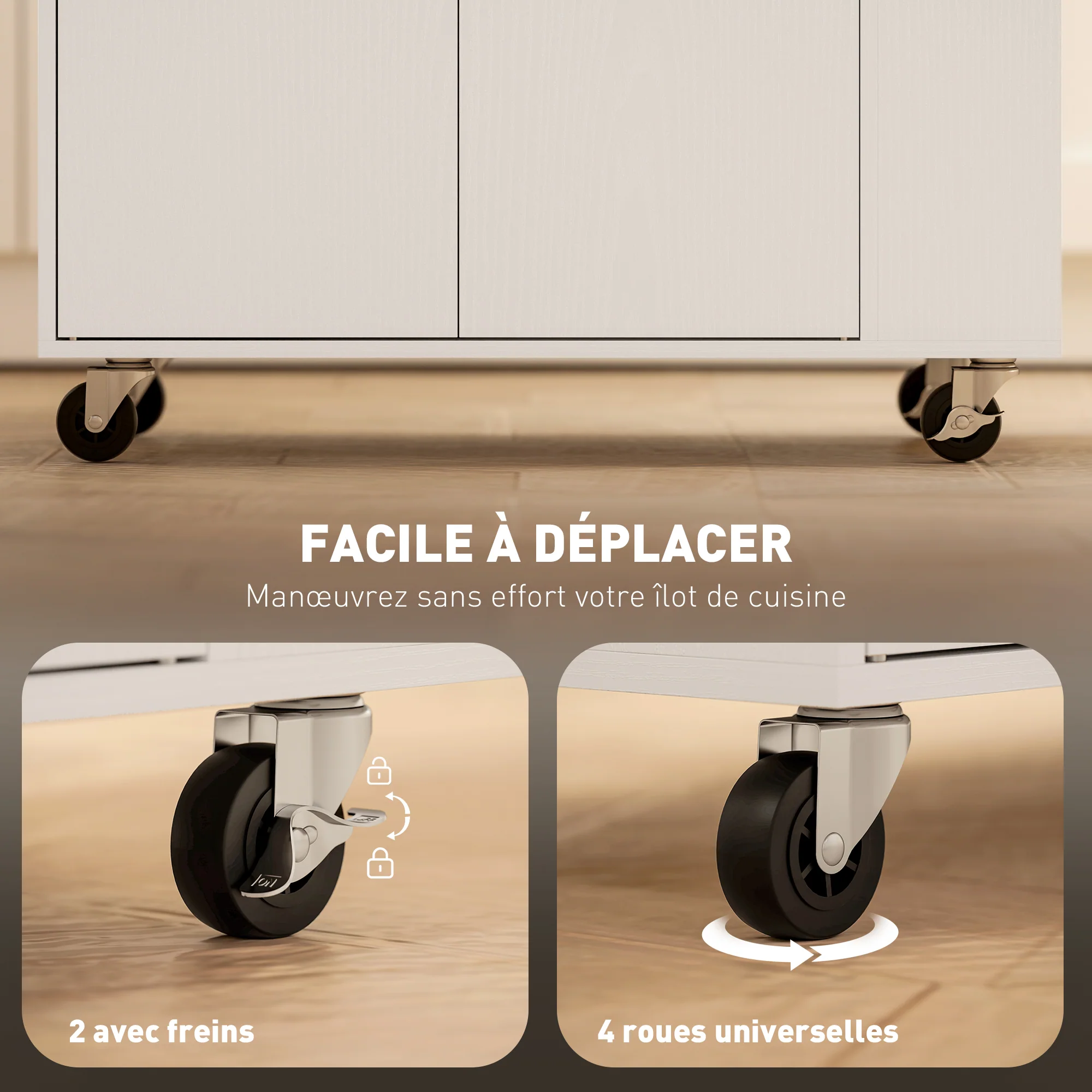 ?lot central cuisine mobile, desserte cuisine avec tiroir, étagère réglable, placard à deux portes, barre à serviettes et étagères à épices pour salle à manger, blanc - Image 7