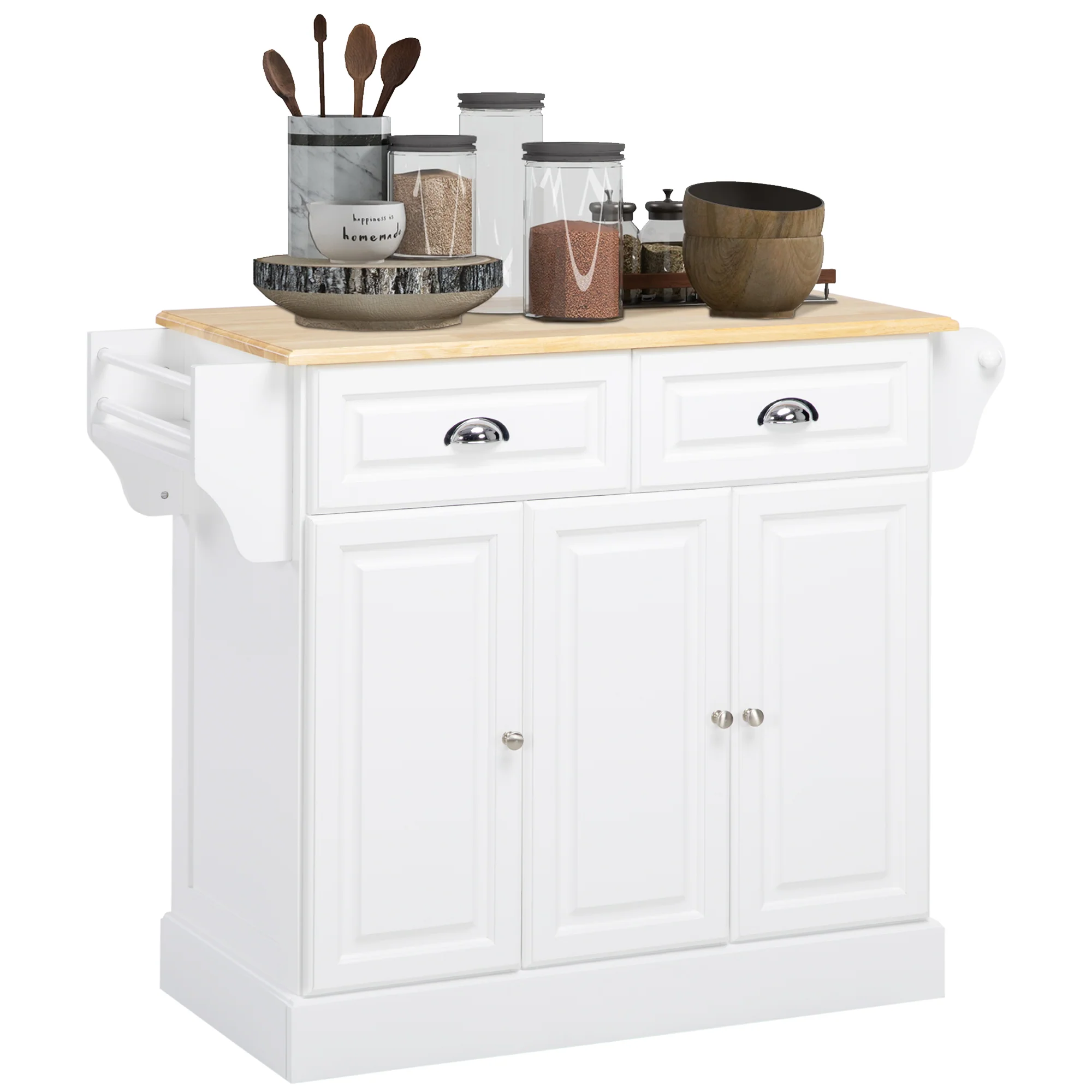 Ilot de cuisine Chariot de cuisine à roulettes Desserte polyvalent avec 2 tiroirs 3 portes Porte-serviettes et porte-épices pour salle à manger dim. 110L x 45l x 91H cm Blanc - Image 11