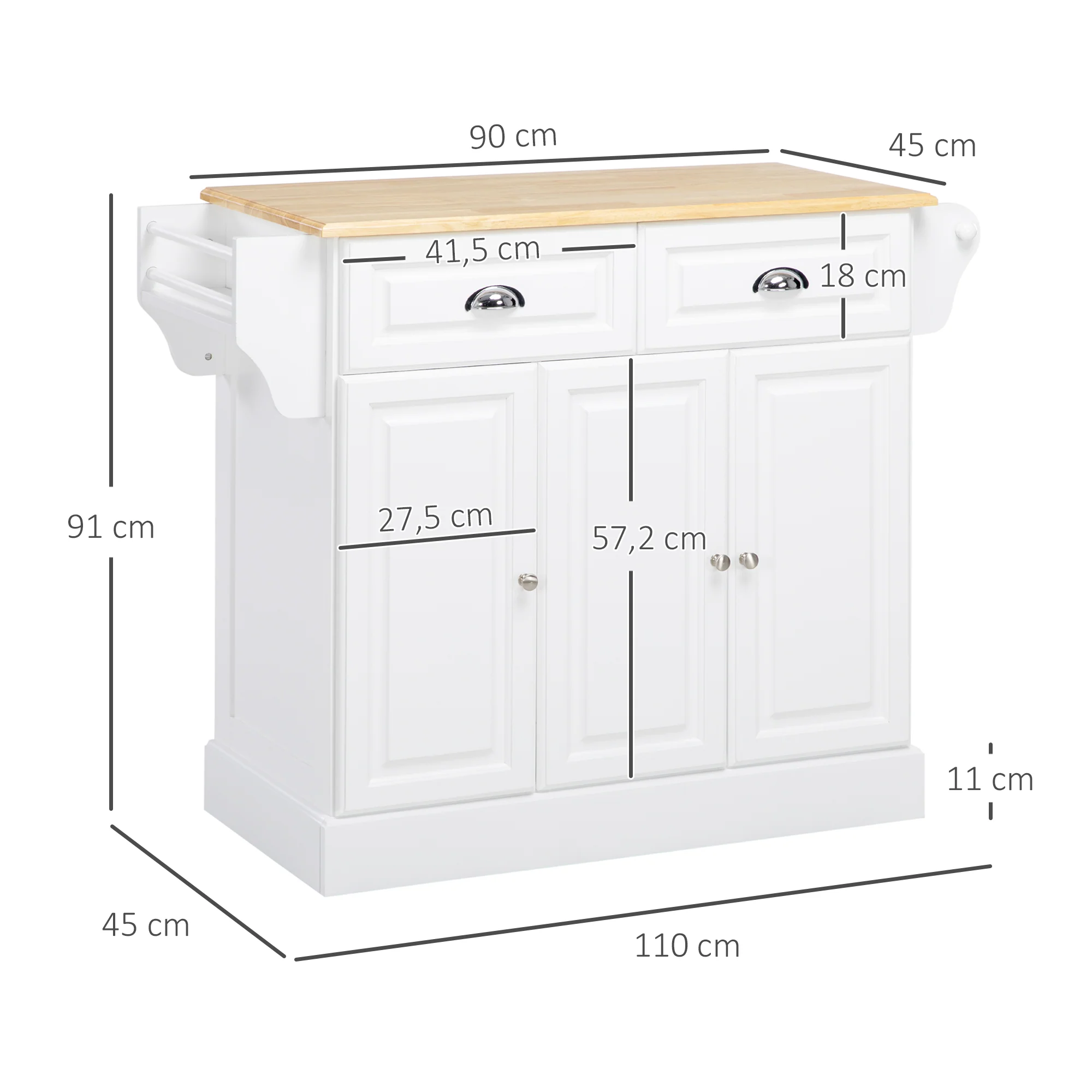 Ilot de cuisine Chariot de cuisine à roulettes Desserte polyvalent avec 2 tiroirs 3 portes Porte-serviettes et porte-épices pour salle à manger dim. 110L x 45l x 91H cm Blanc - Image 4