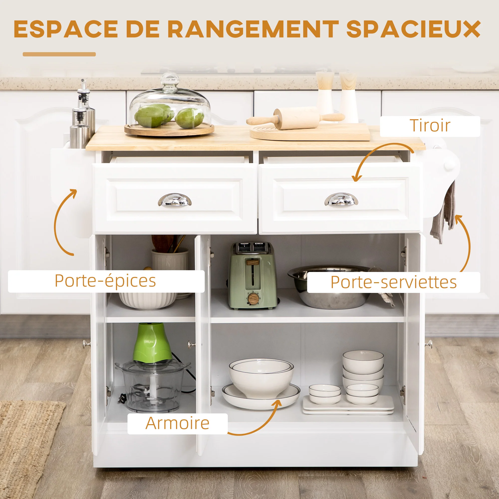 Ilot de cuisine Chariot de cuisine à roulettes Desserte polyvalent avec 2 tiroirs 3 portes Porte-serviettes et porte-épices pour salle à manger dim. 110L x 45l x 91H cm Blanc - Image 5