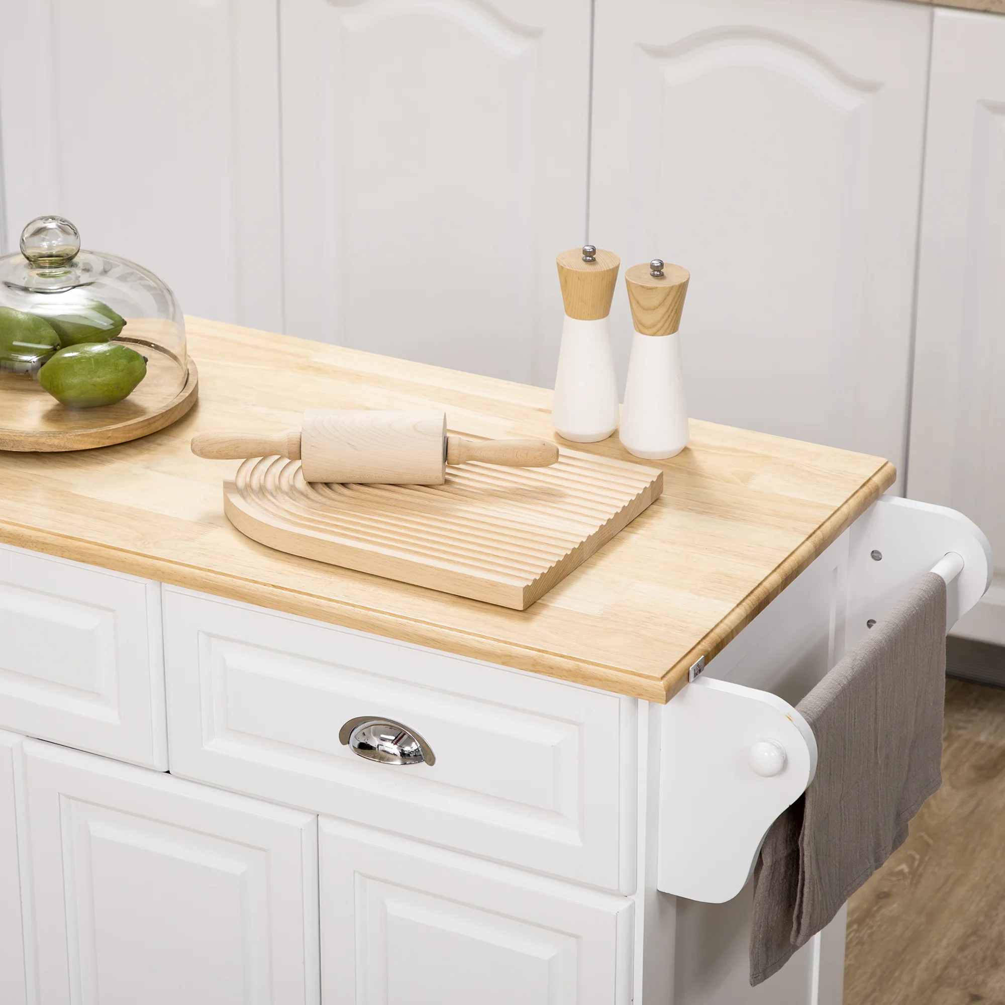 Ilot de cuisine Chariot de cuisine à roulettes Desserte polyvalent avec 2 tiroirs 3 portes Porte-serviettes et porte-épices pour salle à manger dim. 110L x 45l x 91H cm Blanc - Image 8