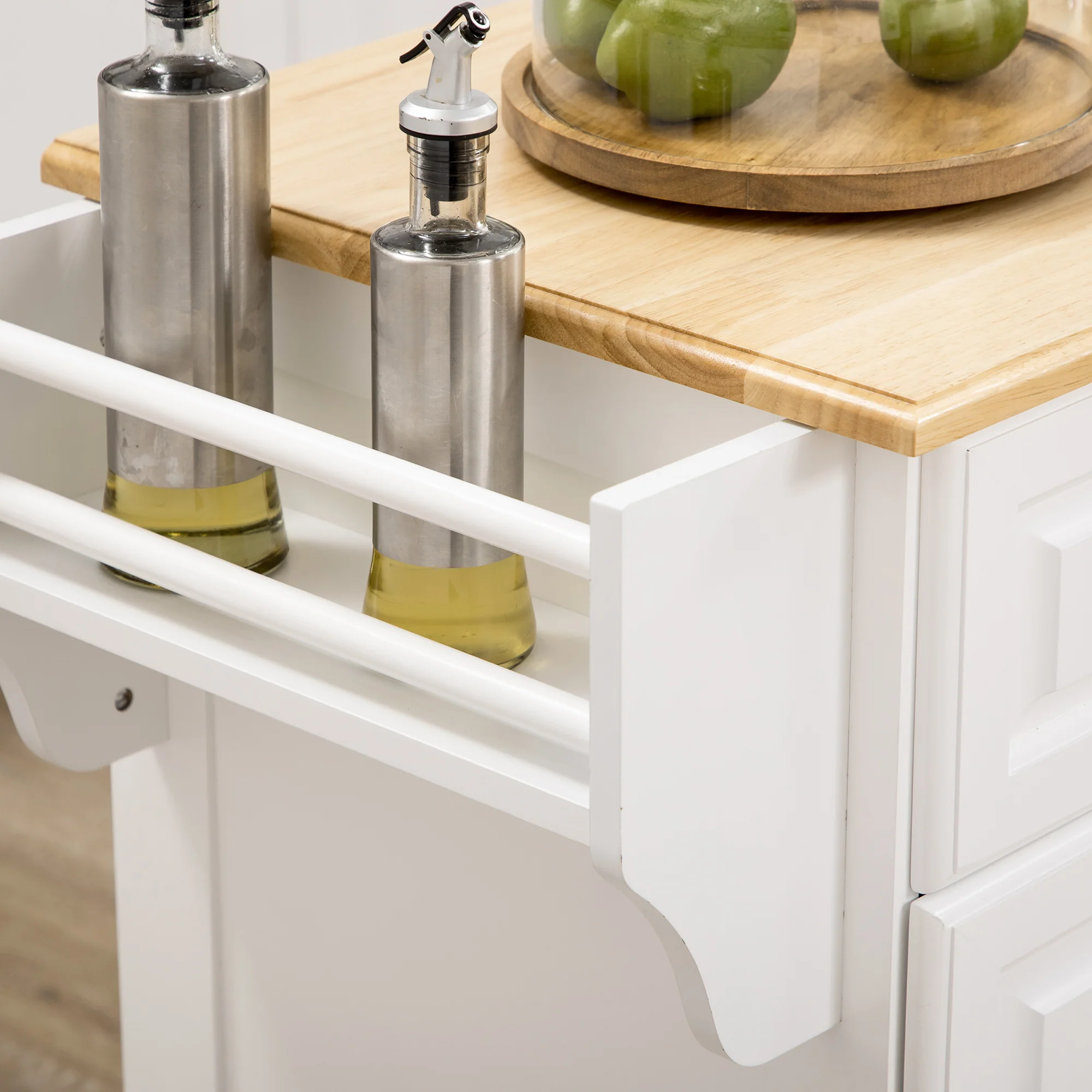 Ilot de cuisine Chariot de cuisine à roulettes Desserte polyvalent avec 2 tiroirs 3 portes Porte-serviettes et porte-épices pour salle à manger dim. 110L x 45l x 91H cm Blanc - Image 9