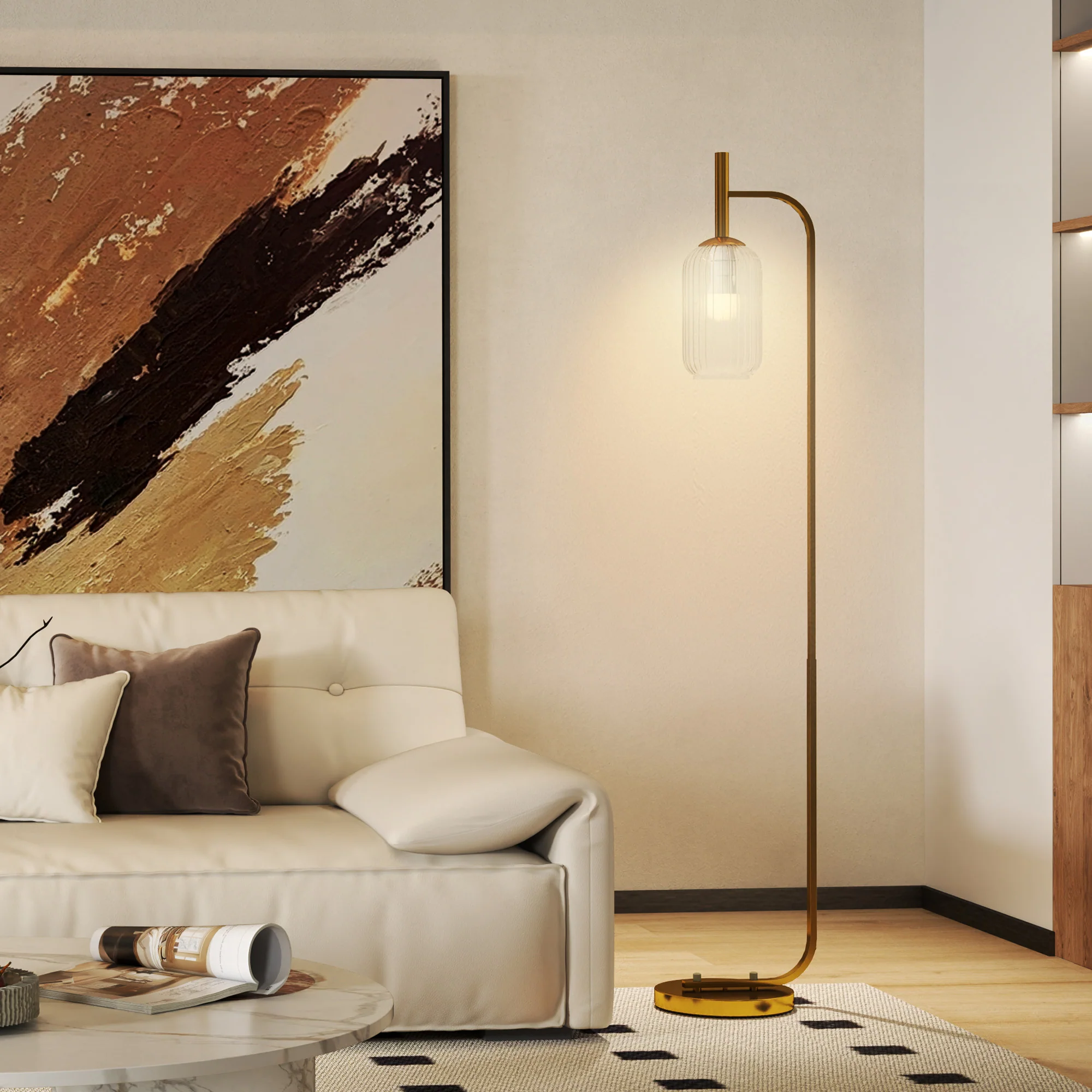 Lampada sur Socle Moderne avec Abat-Jour en Verre, Lampadaire avec Interrupteur à Pied pour Ampoules E27 LED, pour Salon, Chambre à Coucher et Bureau, 153cm, Or - Image 3