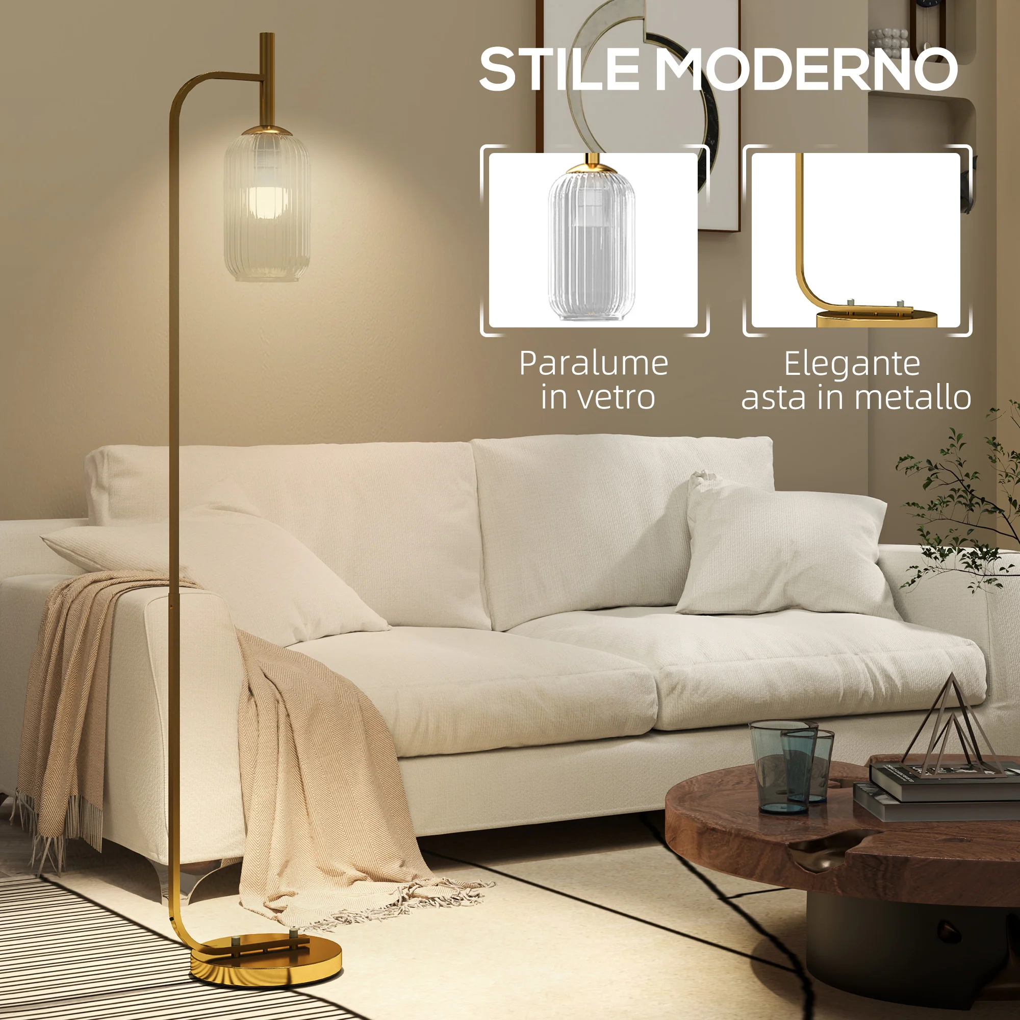 Lampada sur Socle Moderne avec Abat-Jour en Verre, Lampadaire avec Interrupteur à Pied pour Ampoules E27 LED, pour Salon, Chambre à Coucher et Bureau, 153cm, Or - Image 4