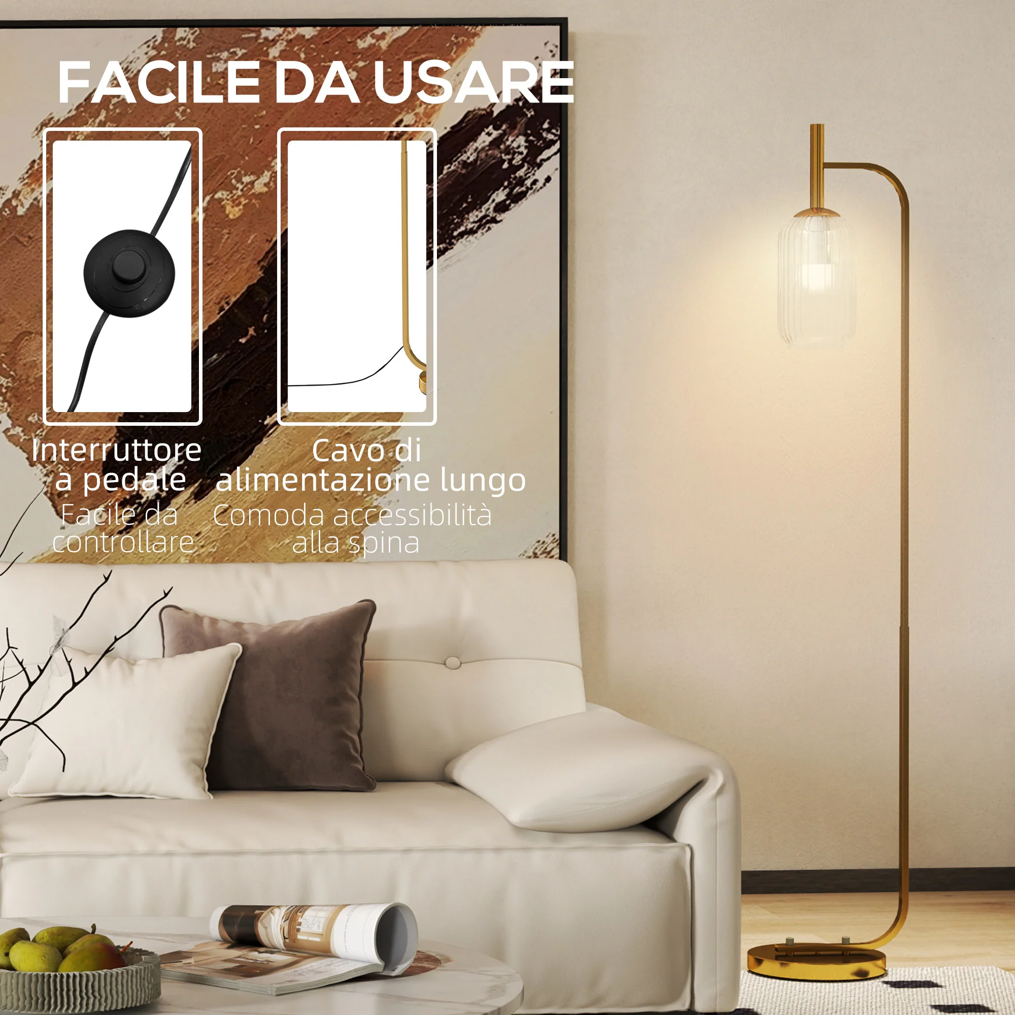Lampada sur Socle Moderne avec Abat-Jour en Verre, Lampadaire avec Interrupteur à Pied pour Ampoules E27 LED, pour Salon, Chambre à Coucher et Bureau, 153cm, Or - Image 5