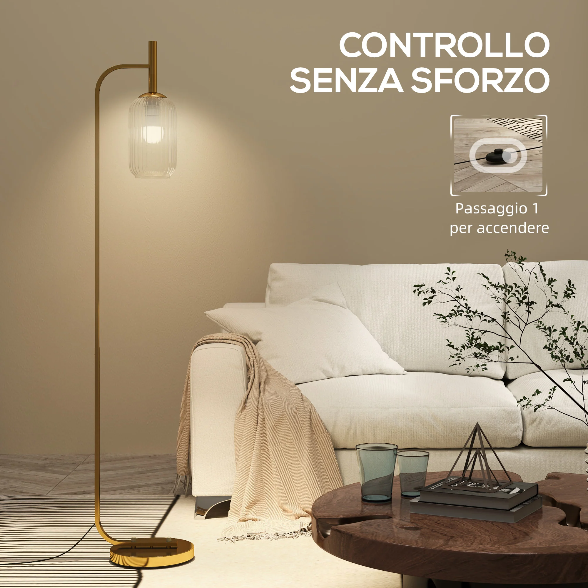Lampada sur Socle Moderne avec Abat-Jour en Verre, Lampadaire avec Interrupteur à Pied pour Ampoules E27 LED, pour Salon, Chambre à Coucher et Bureau, 153cm, Or - Image 6