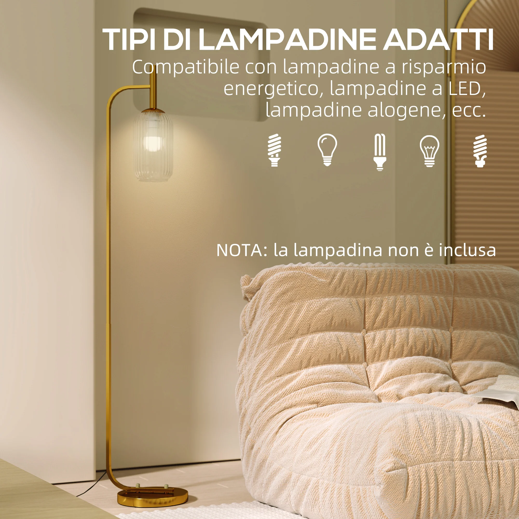 Lampada sur Socle Moderne avec Abat-Jour en Verre, Lampadaire avec Interrupteur à Pied pour Ampoules E27 LED, pour Salon, Chambre à Coucher et Bureau, 153cm, Or - Image 7
