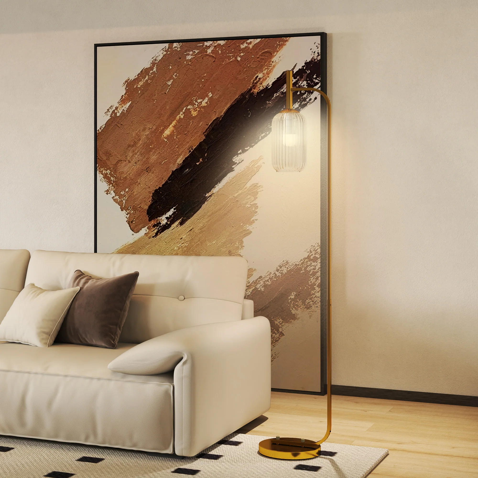 Lampada sur Socle Moderne avec Abat-Jour en Verre, Lampadaire avec Interrupteur à Pied pour Ampoules E27 LED, pour Salon, Chambre à Coucher et Bureau, 153cm, Or - Image 8