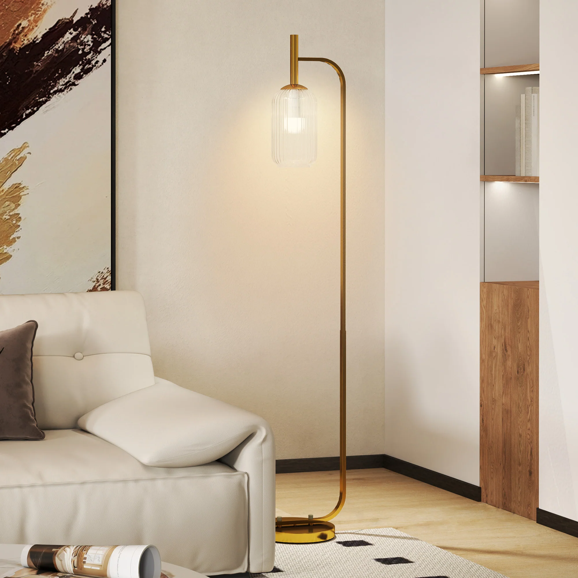 Lampada sur Socle Moderne avec Abat-Jour en Verre, Lampadaire avec Interrupteur à Pied pour Ampoules E27 LED, pour Salon, Chambre à Coucher et Bureau, 153cm, Or - Image 9