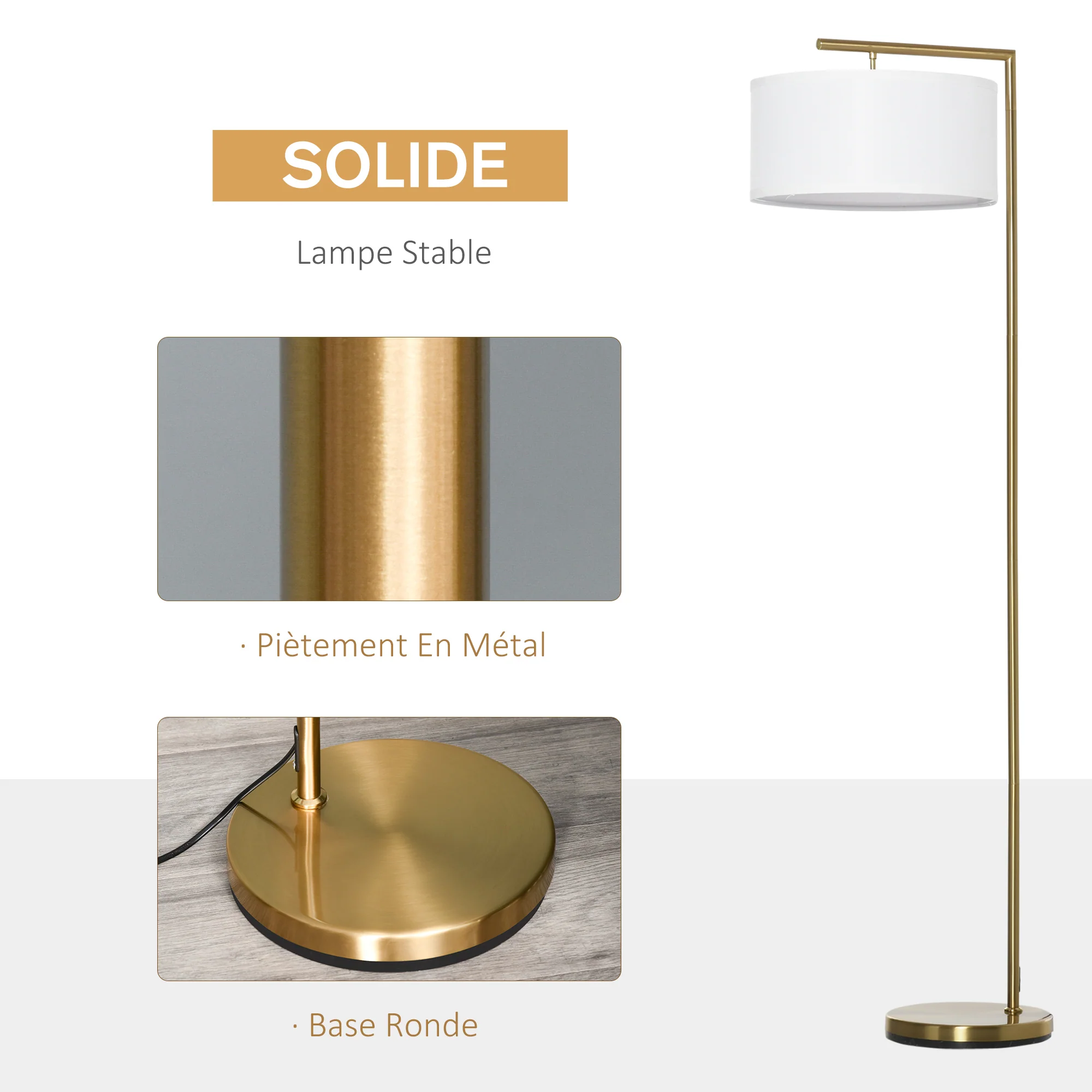 Lampadaire lampe à pied abat-jour en tissu de lin base ronde stable pour salle bureau chambre à coucher 47 x 37 x 153 cm or et blanc - Image 6
