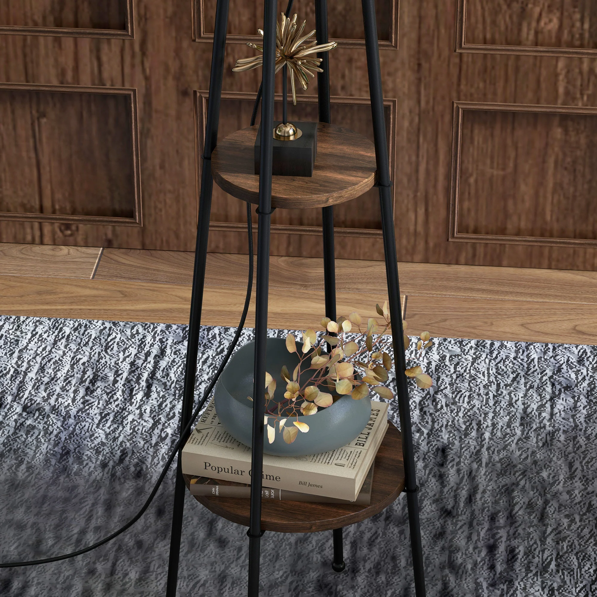 Lampadaire, lampe de salon sur pied, 2 étagères de rangement, douille E27, 40 W, interrupteur à tirette inclus, abat-jour tissu, métal, design moderne, noir marron - Image 10
