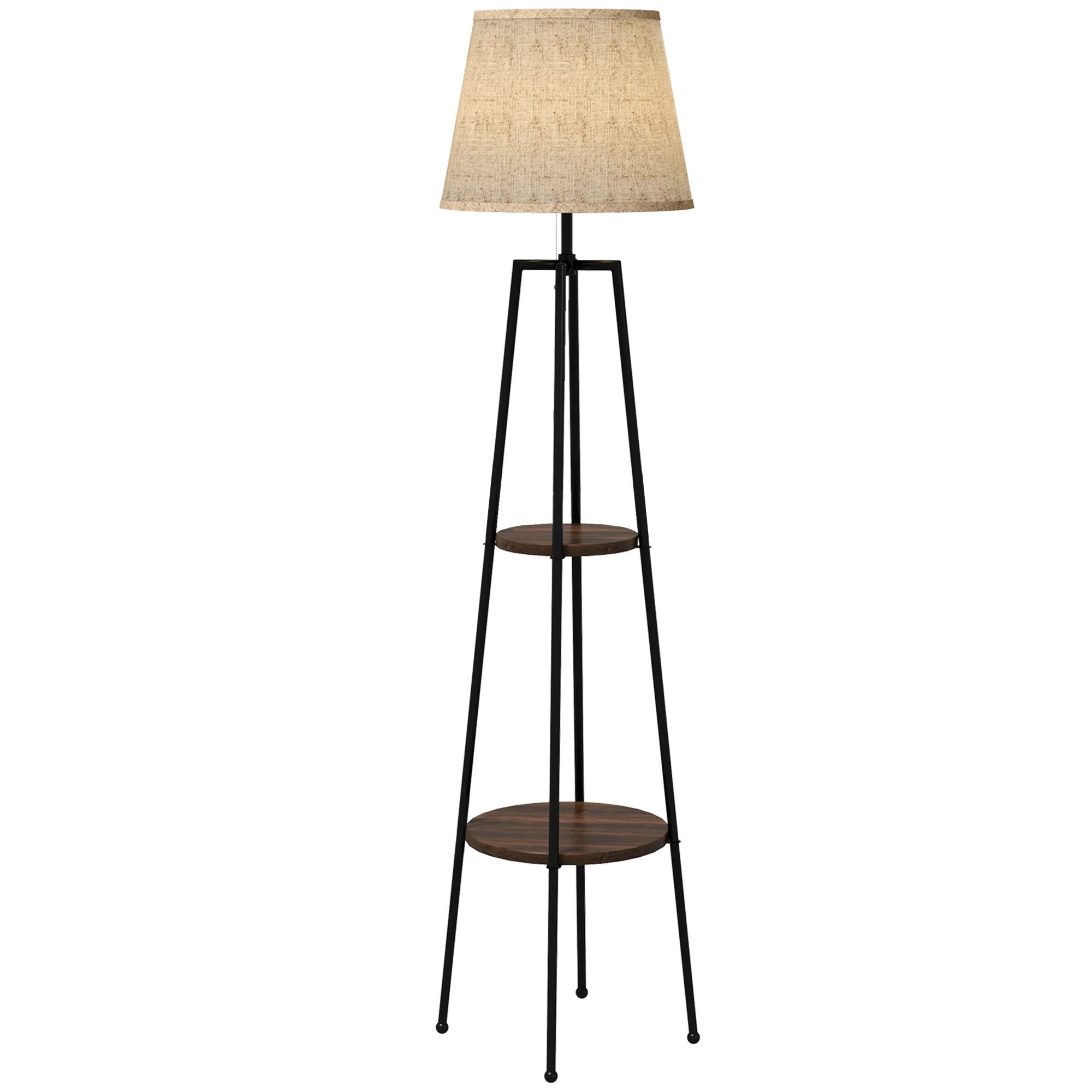 Lampadaire, lampe de salon sur pied, 2 étagères de rangement, douille E27, 40 W, interrupteur à tirette inclus, abat-jour tissu, métal, design moderne, noir marron - Image 11