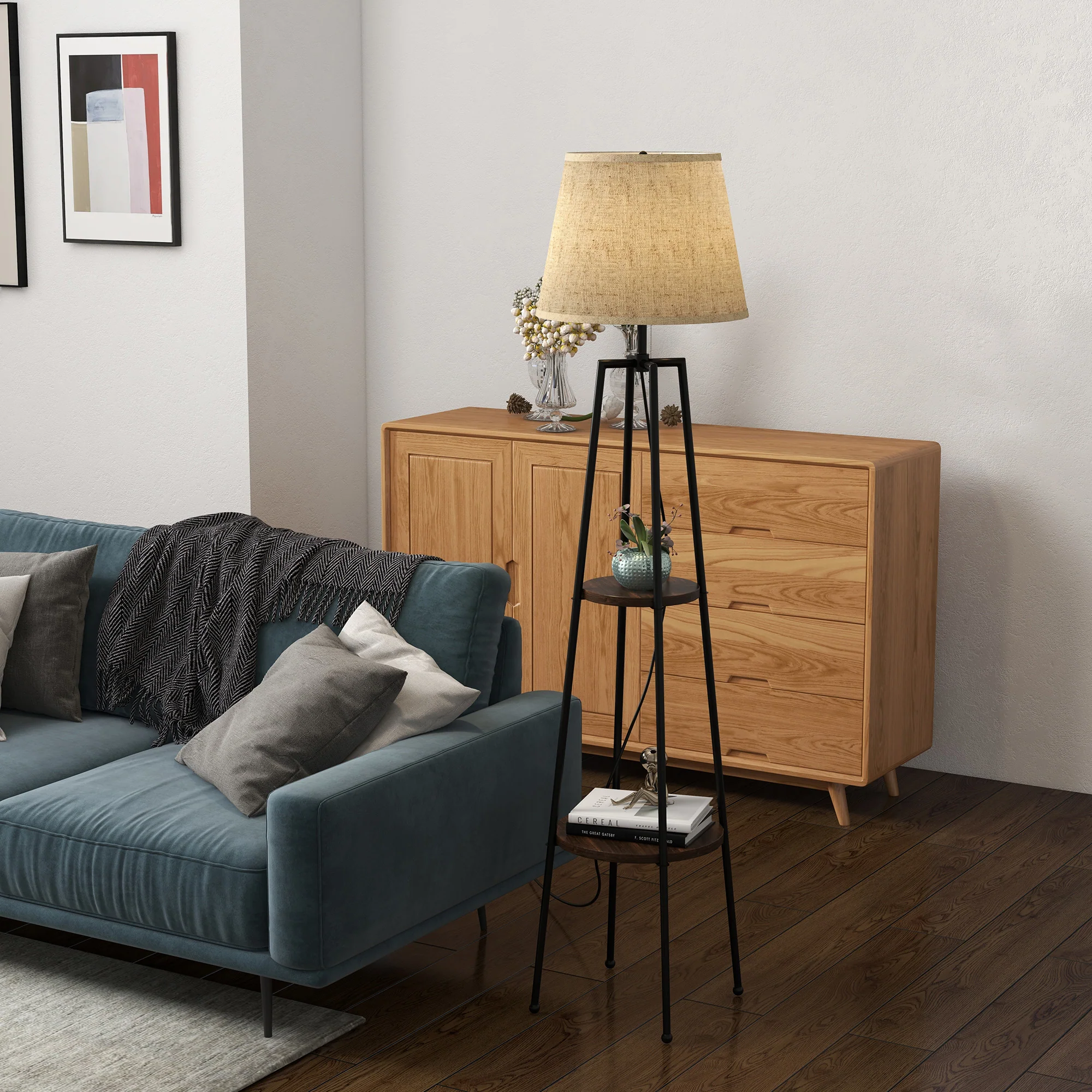Lampadaire, lampe de salon sur pied, 2 étagères de rangement, douille E27, 40 W, interrupteur à tirette inclus, abat-jour tissu, métal, design moderne, noir marron - Image 3