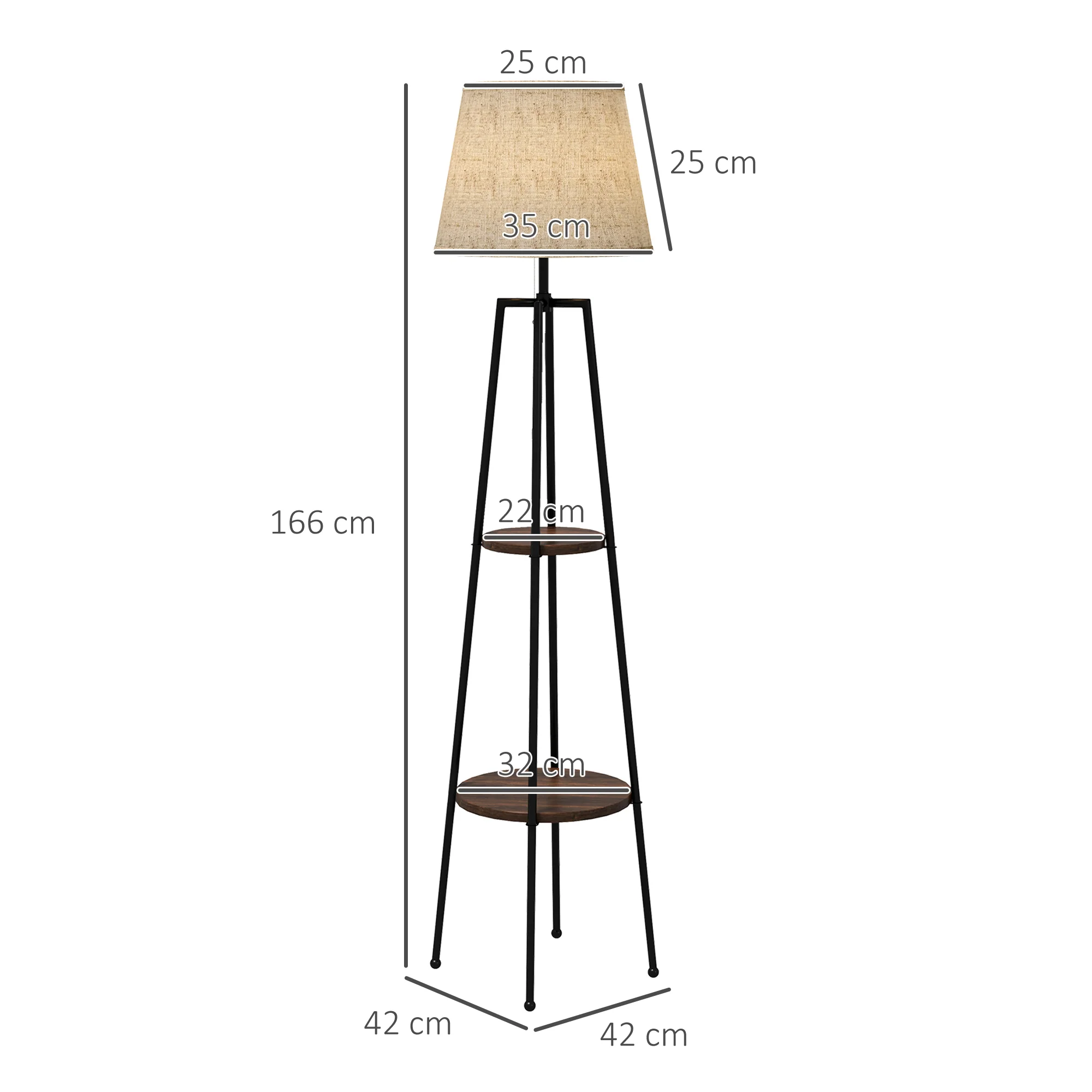 Lampadaire, lampe de salon sur pied, 2 étagères de rangement, douille E27, 40 W, interrupteur à tirette inclus, abat-jour tissu, métal, design moderne, noir marron - Image 4