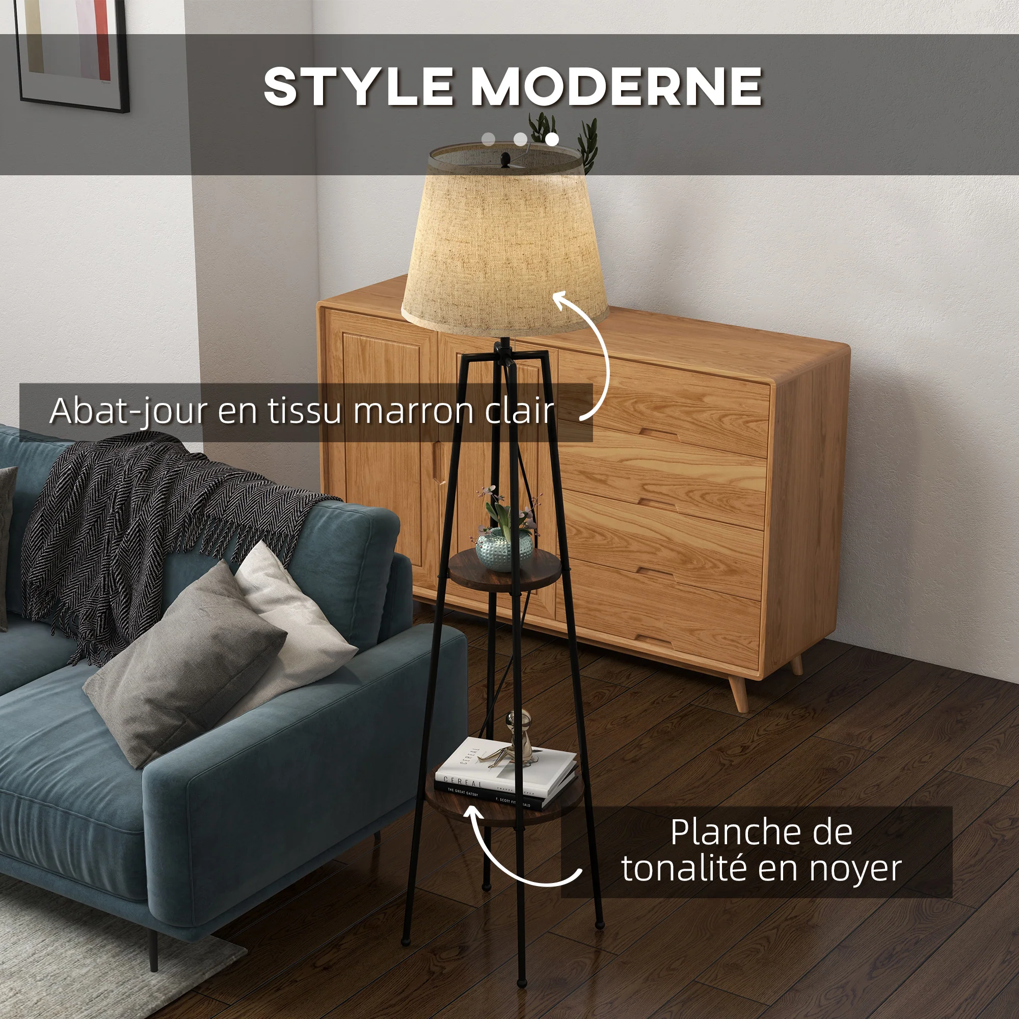 Lampadaire, lampe de salon sur pied, 2 étagères de rangement, douille E27, 40 W, interrupteur à tirette inclus, abat-jour tissu, métal, design moderne, noir marron - Image 5