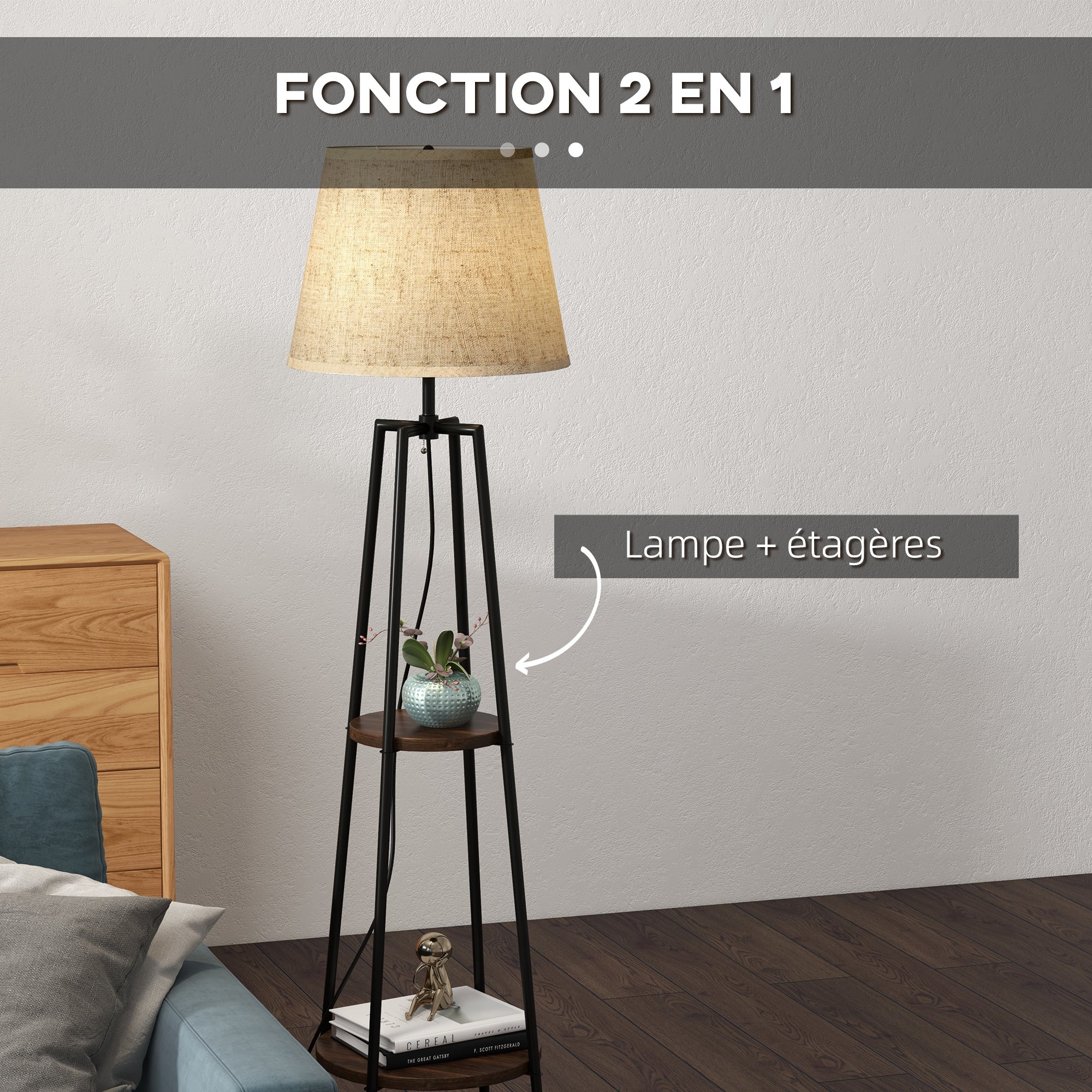 Lampadaire, lampe de salon sur pied, 2 étagères de rangement, douille E27, 40 W, interrupteur à tirette inclus, abat-jour tissu, métal, design moderne, noir marron - Image 6